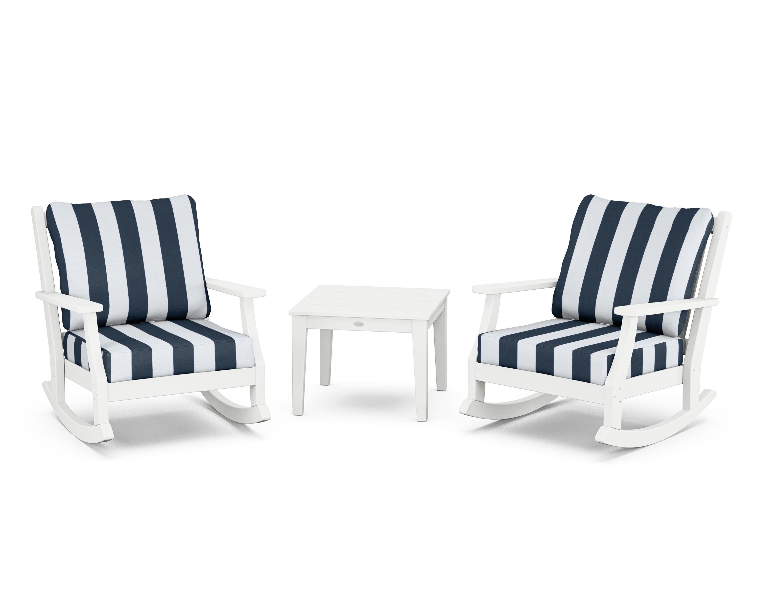 Country Living Wovendale 3-Piece Deep Seating Rocker Set in White / Cabana Stripe Marine Indigo