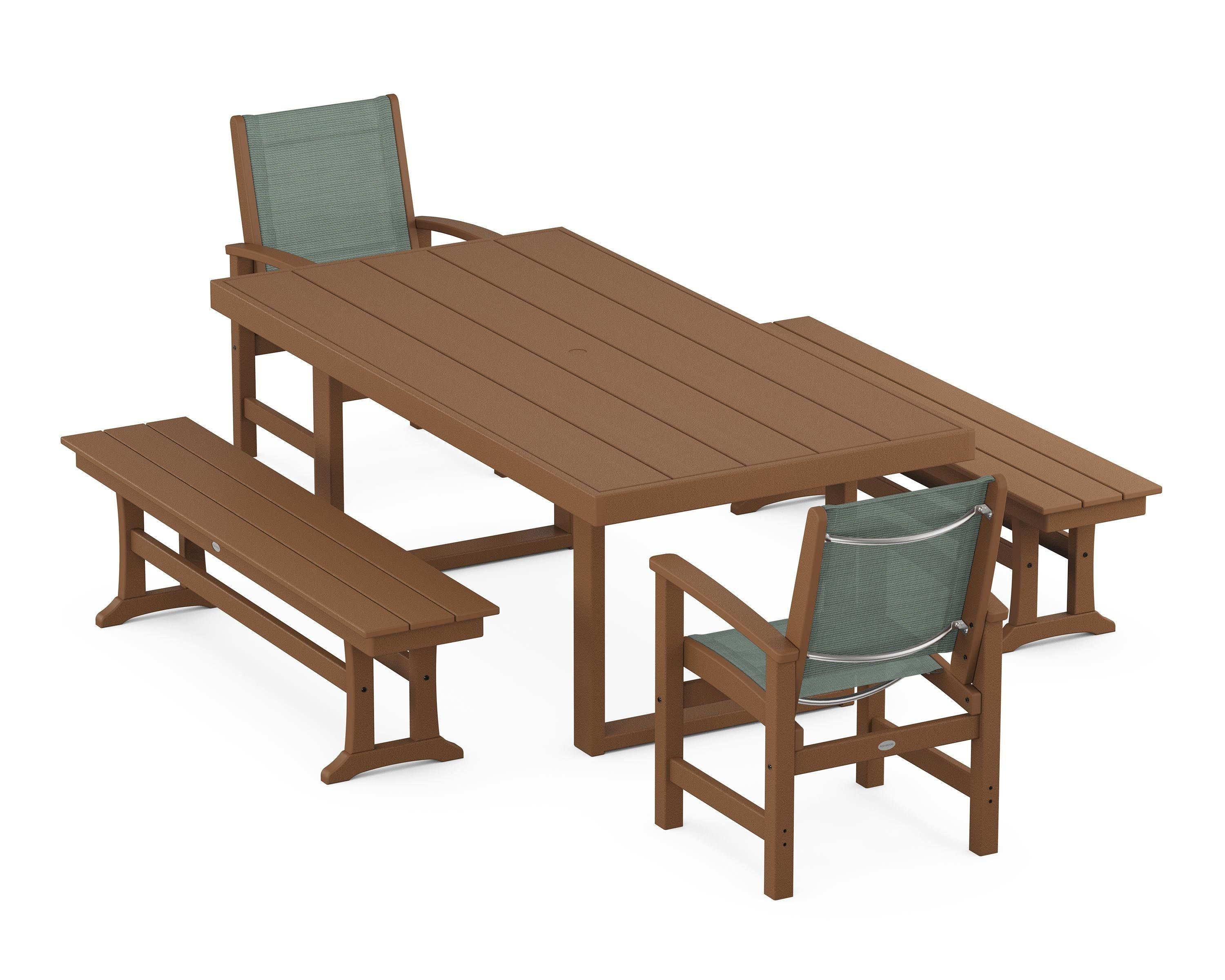 POLYWOOD® Coastal 5-Piece Dining Set with Trestle Legs in Teak / Dupioni Sea Mist Sling