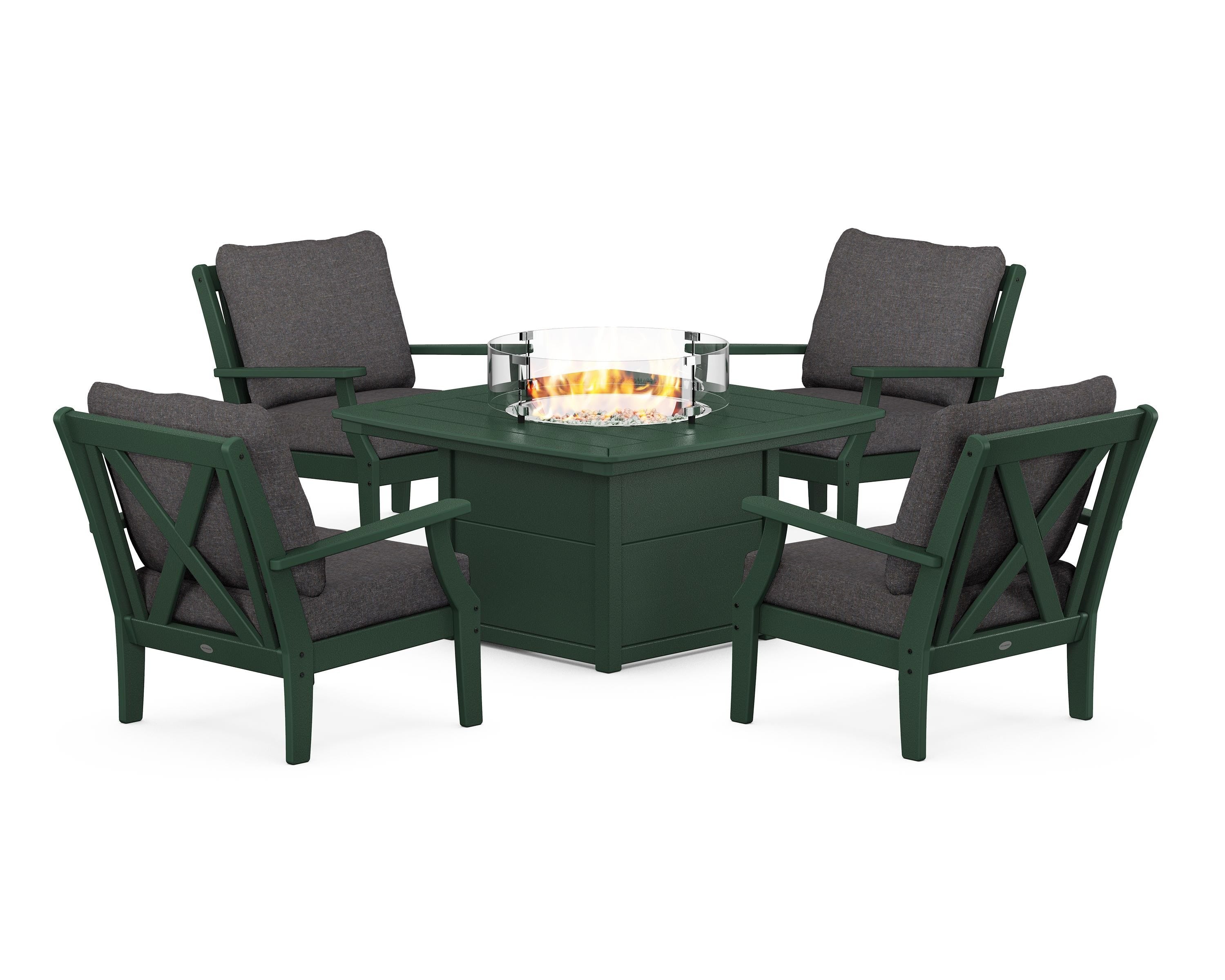 POLYWOOD® Braxton 5-Piece Deep Seating Conversation Set with Fire Pit Table in Green / Ash Charcoal
