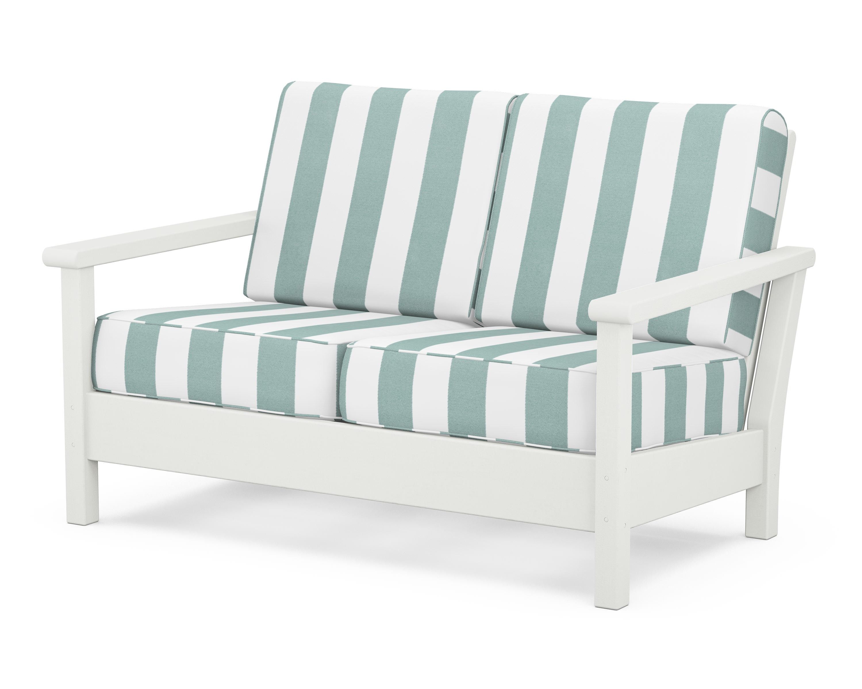 POLYWOOD® Harbour Deep Seating Loveseat in Vintage White / Cabana Stripe Glacier Spa