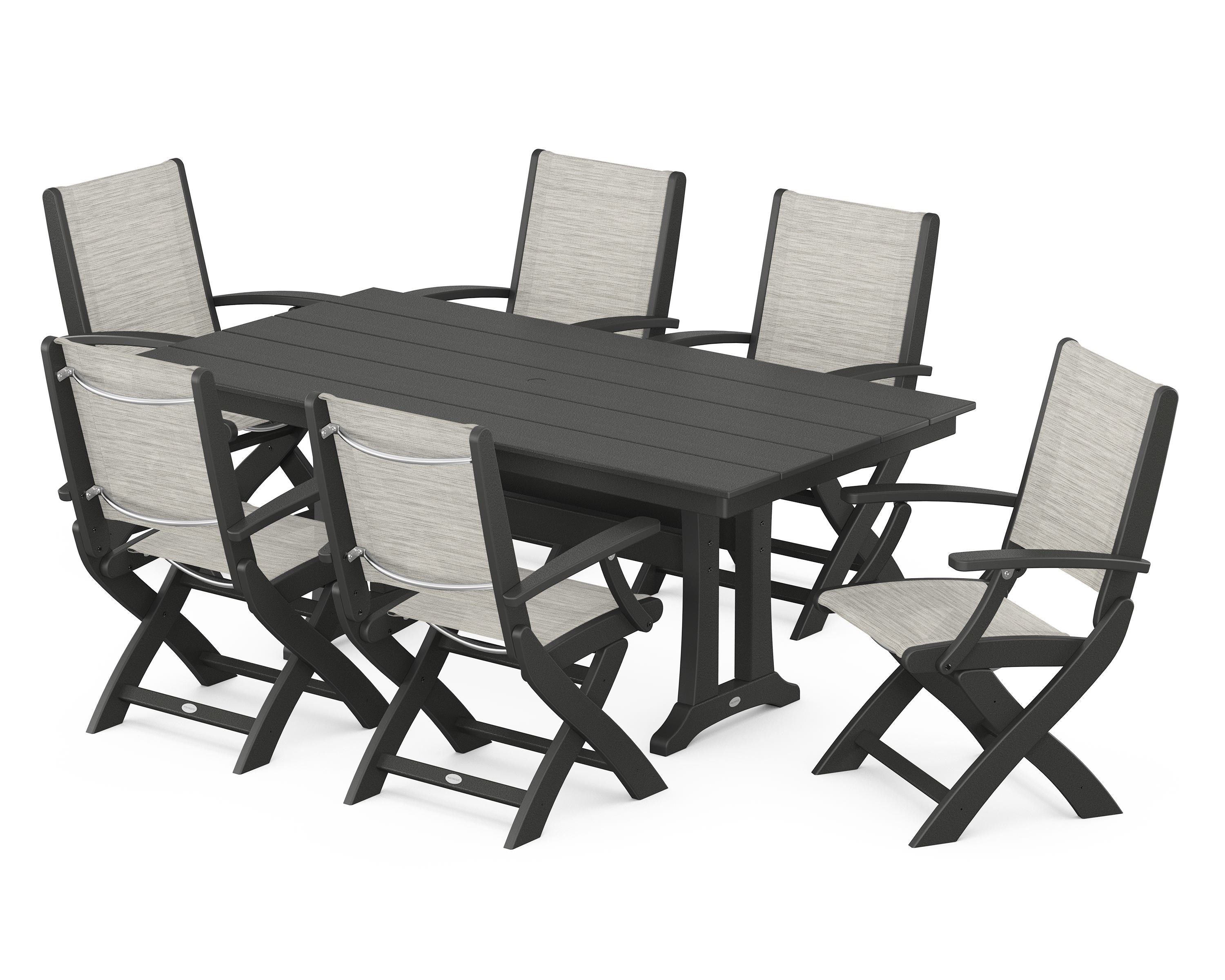 POLYWOOD® Coastal Folding Arm Chair 7-Piece Farmhouse Dining Set with Trestle Legs in Black / Birch Sling