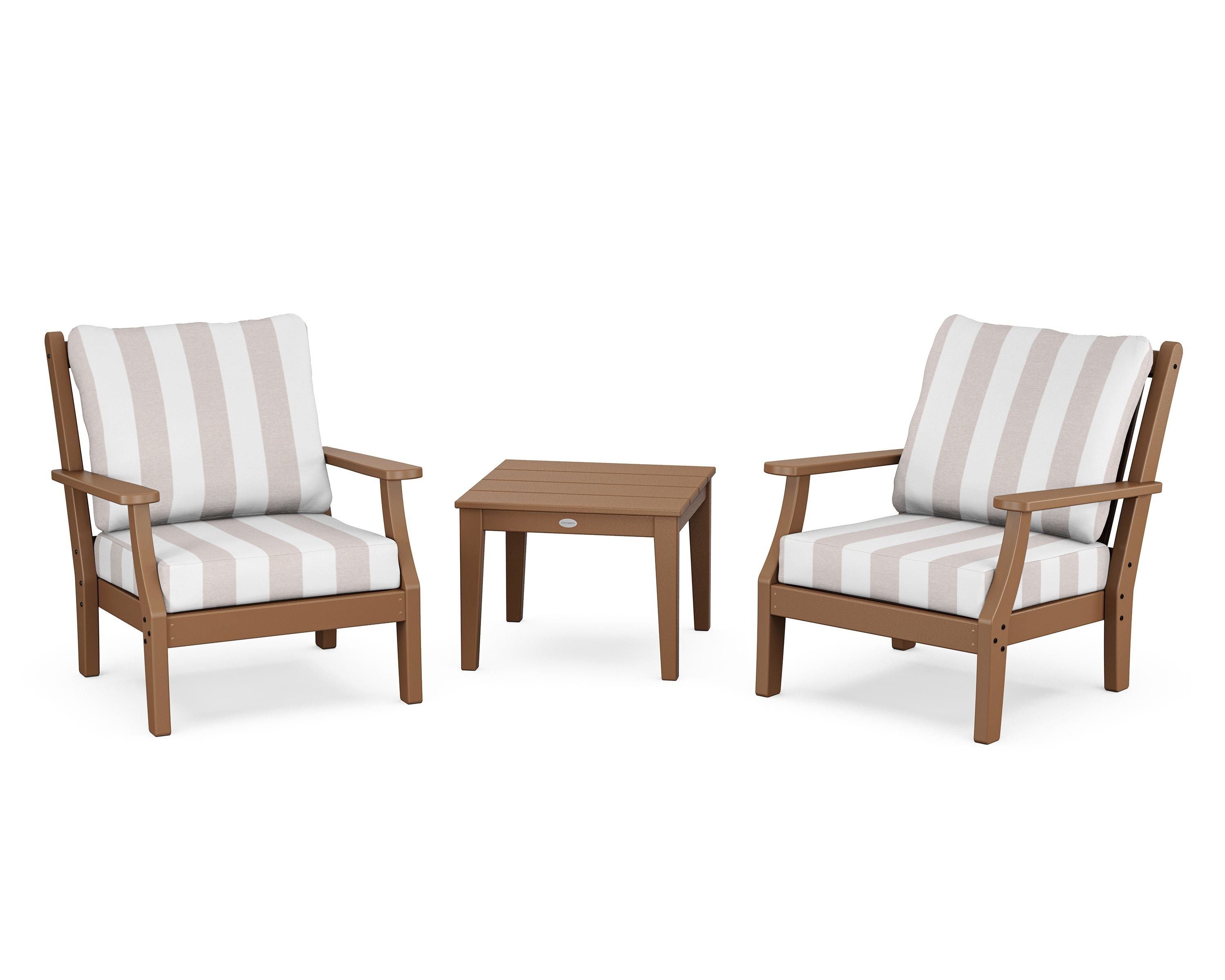 Country Living Wovendale 3-Piece Deep Seating Set in Teak / Cabana Stripe Dune Burlap