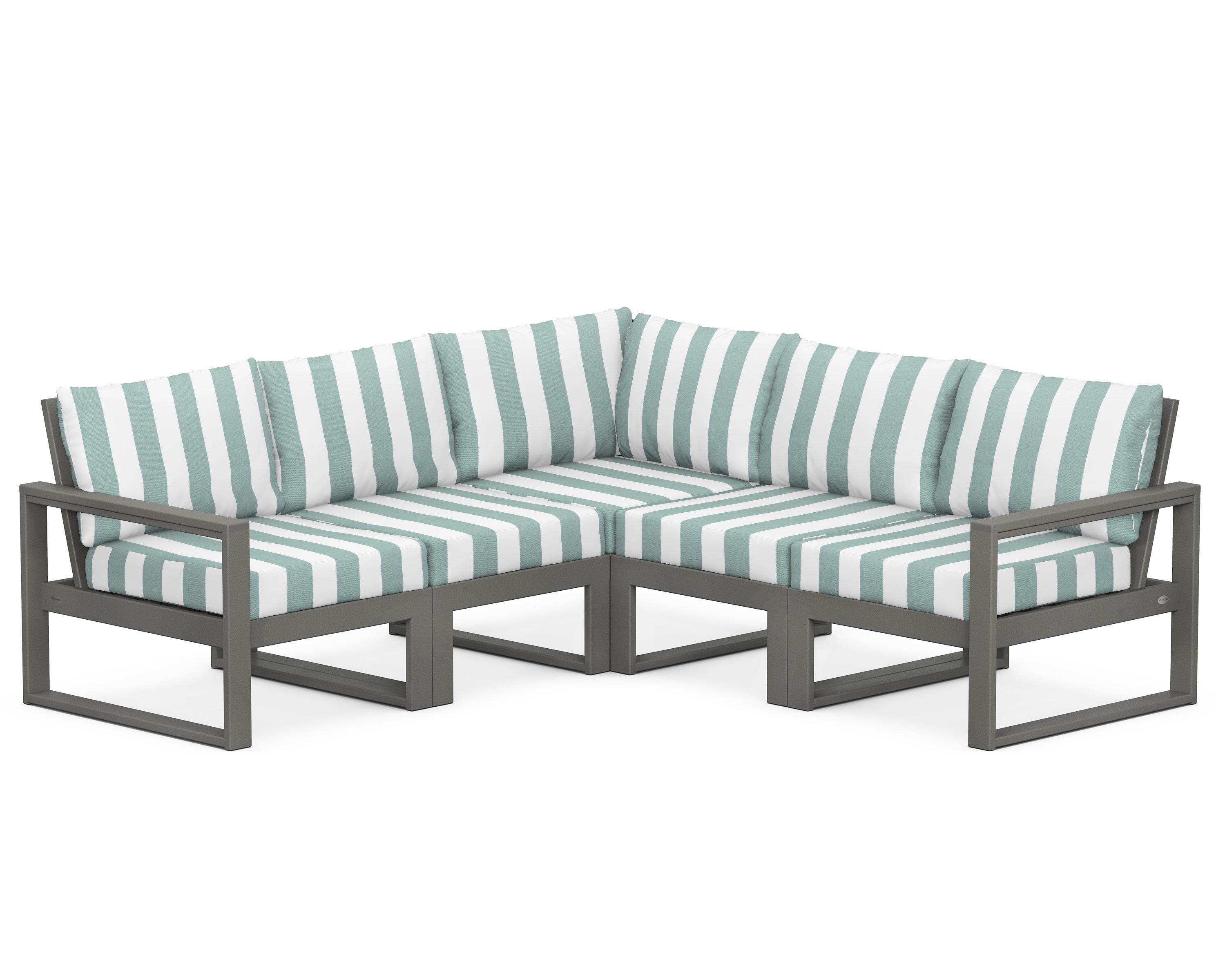 POLYWOOD® EDGE 5-Piece Modular Deep Seating Set in Slate Grey / Cabana Stripe Glacier Spa
