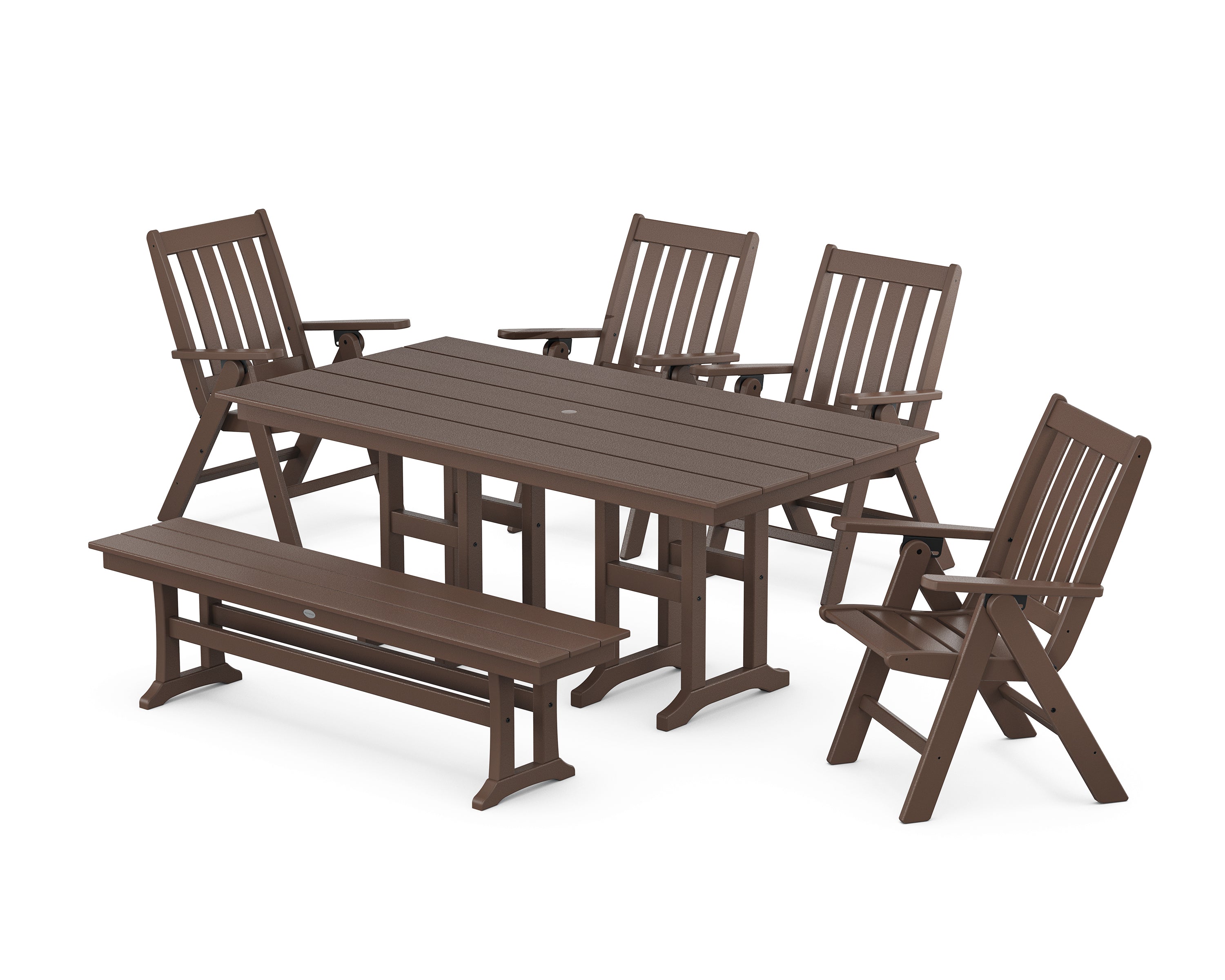POLYWOOD® Vineyard Folding Chair 6-Piece Farmhouse Dining Set with Bench in Mahogany