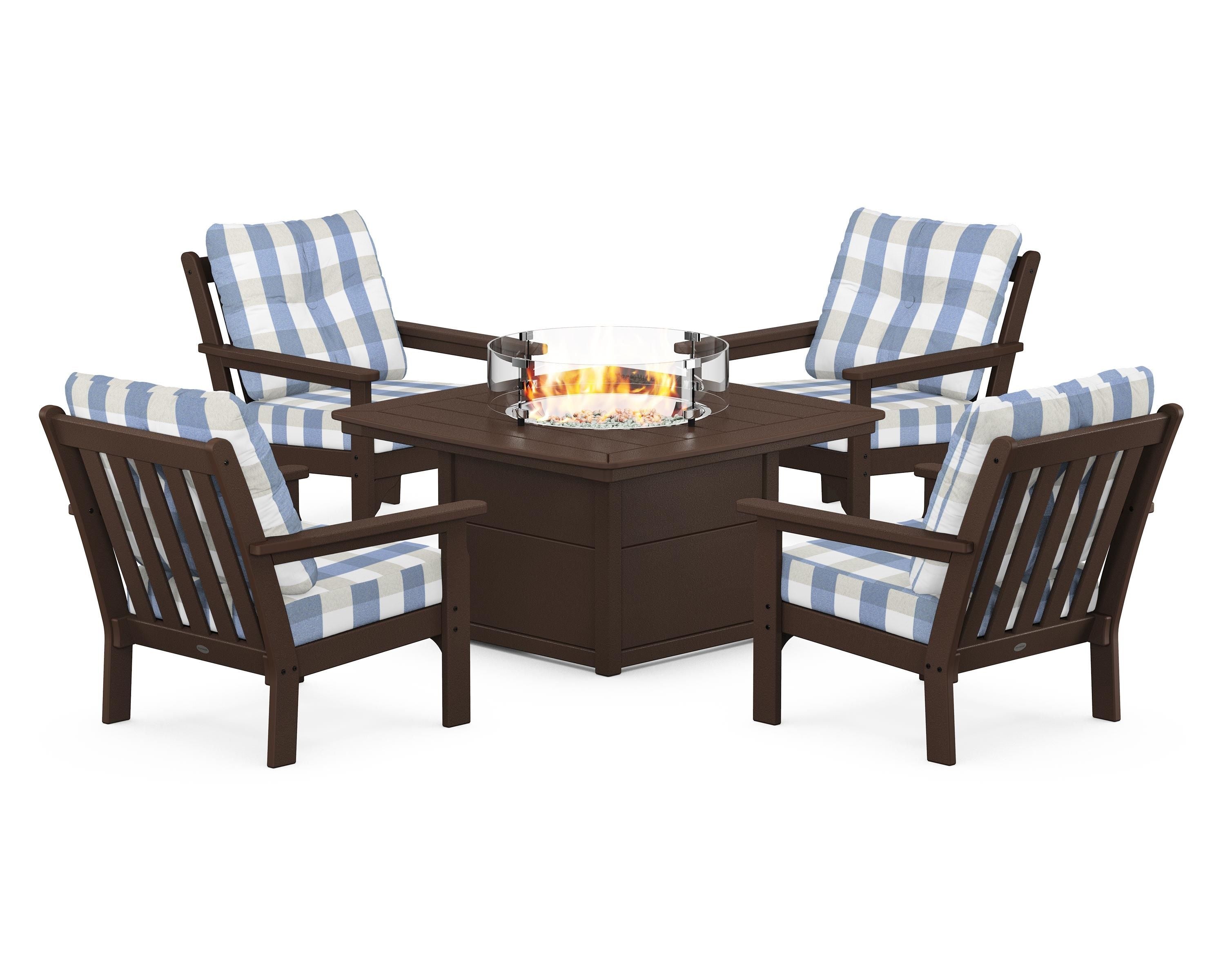 POLYWOOD® Vineyard 5-Piece Conversation Set with Fire Pit Table in Mahogany / Buffalo Plaid Sky Blue