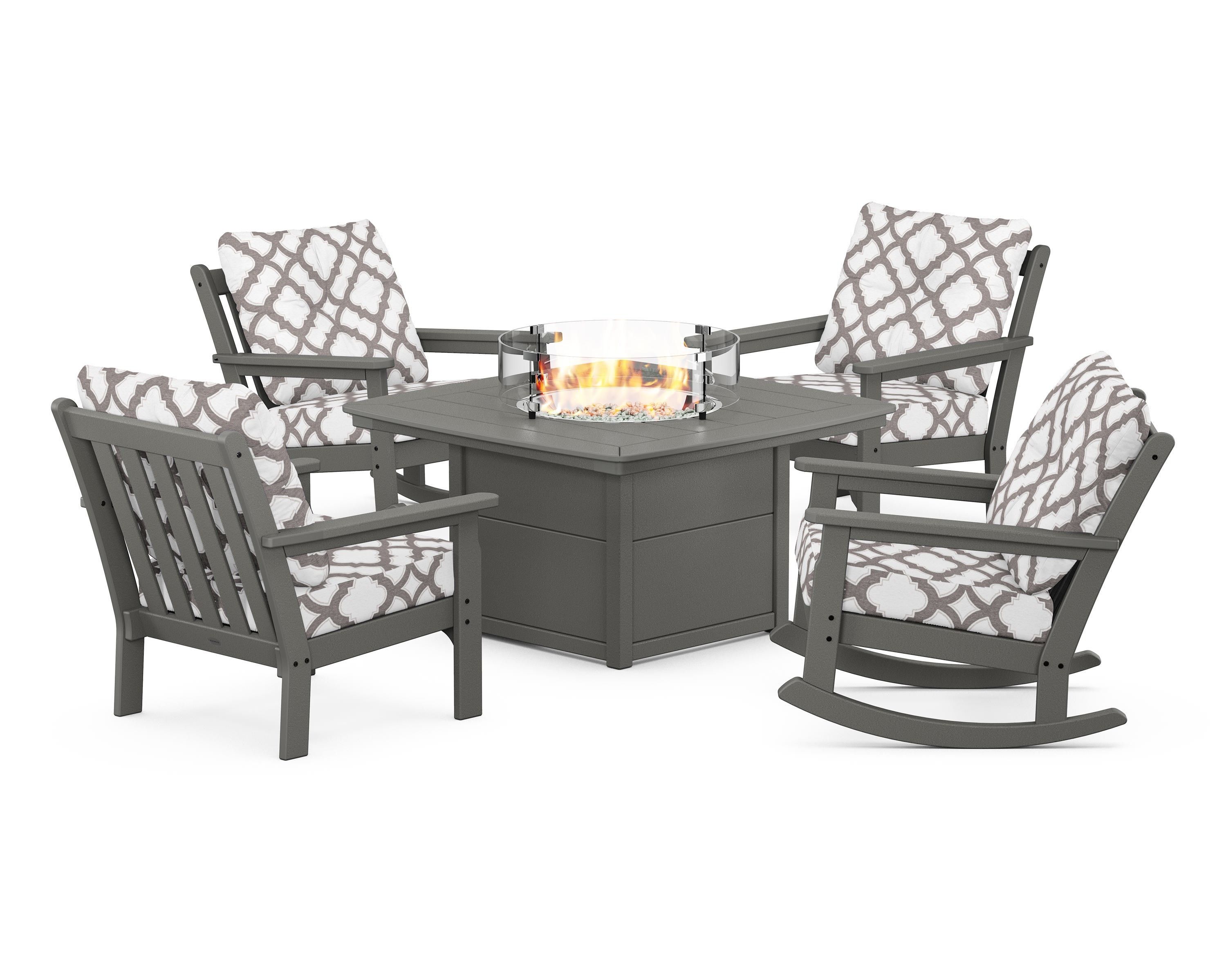 POLYWOOD® Vineyard 5-Piece Deep Seating Rocking Chair Conversation Set with Fire Pit Table in Slate Grey / Trellis Grey Mist