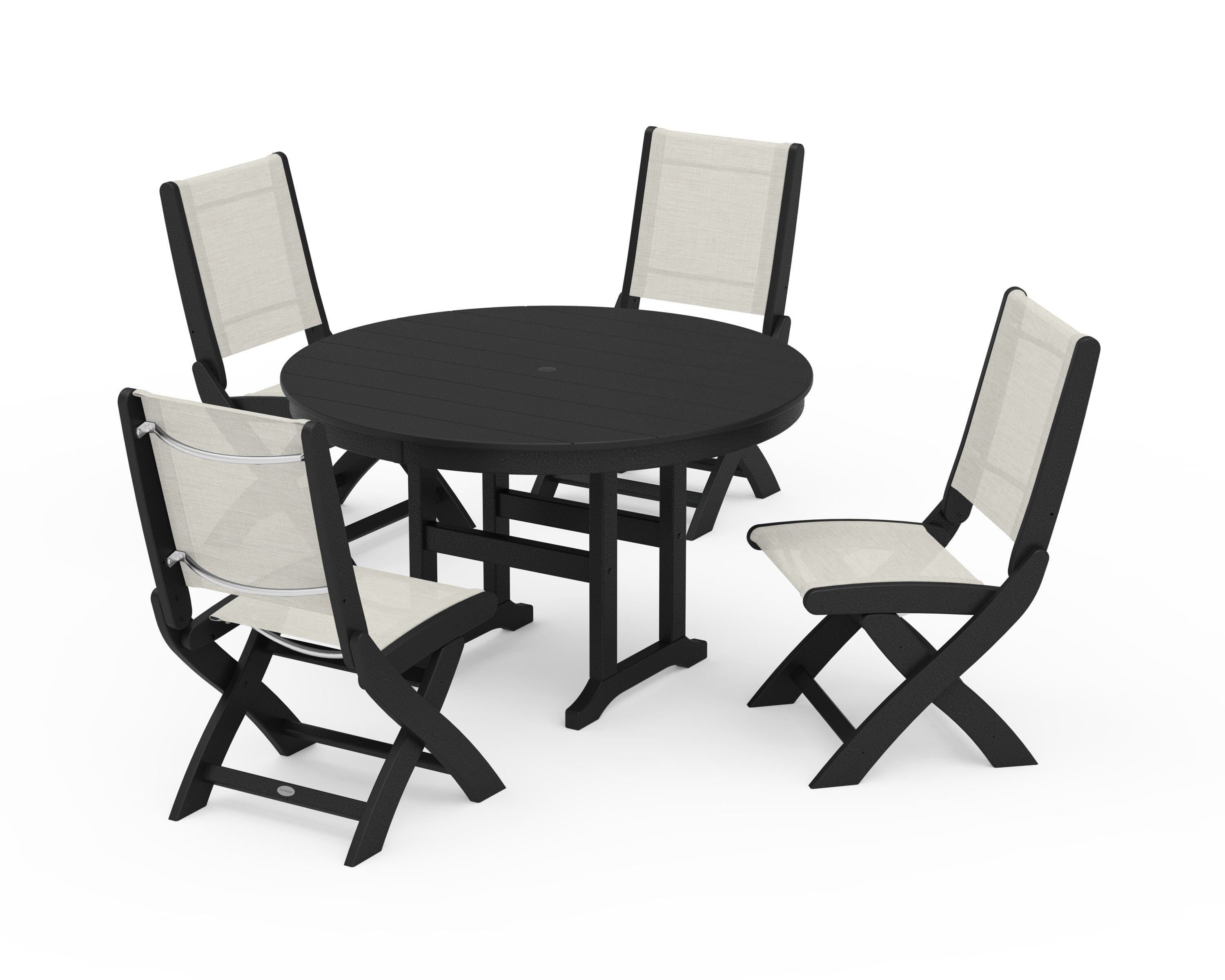 POLYWOOD® Coastal Folding Side Chair 5-Piece Round Dining Set in Black / Parchment Sling