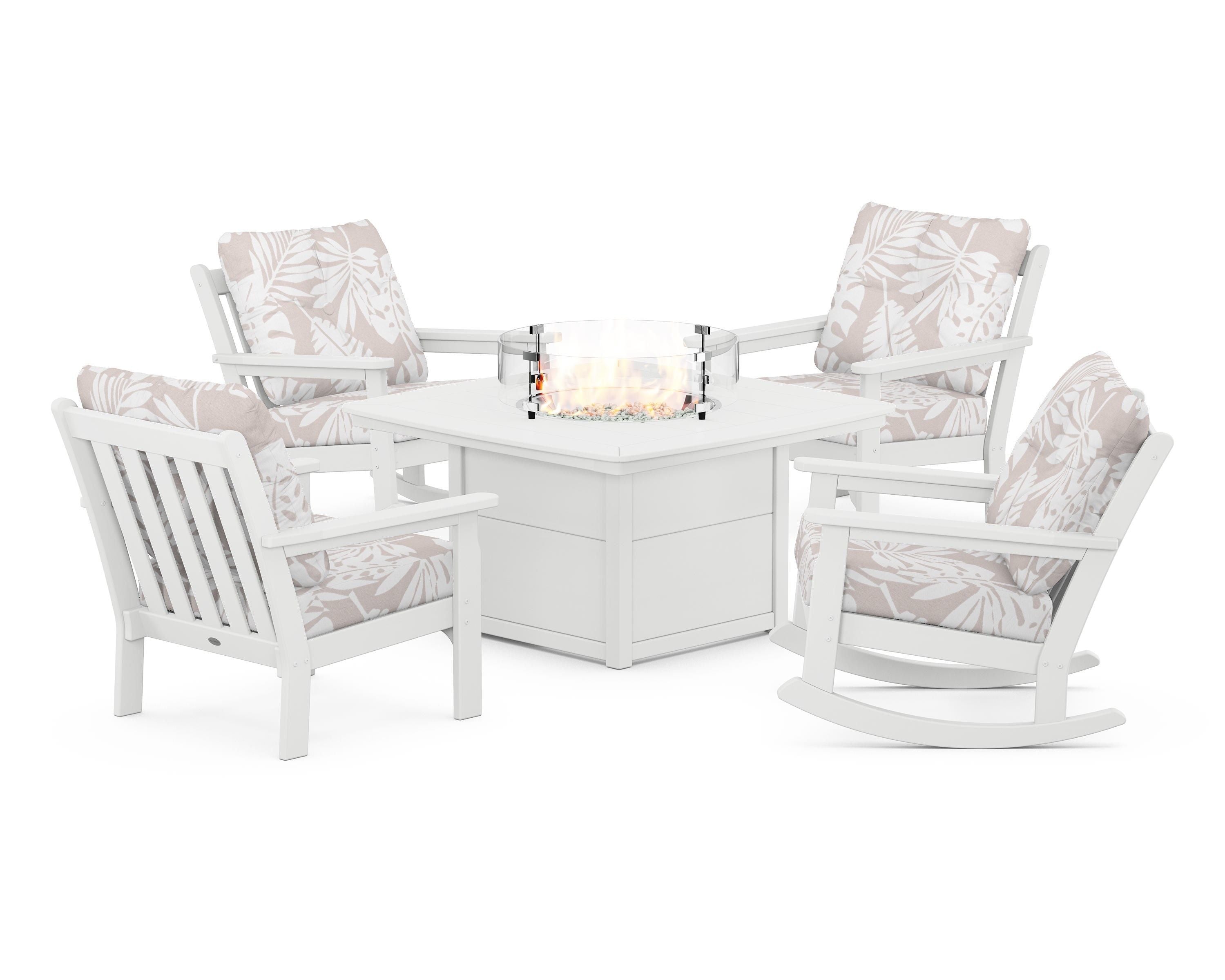 POLYWOOD® Vineyard 5-Piece Deep Seating Rocking Chair Conversation Set with Fire Pit Table in White / Leaf Dune Burlap