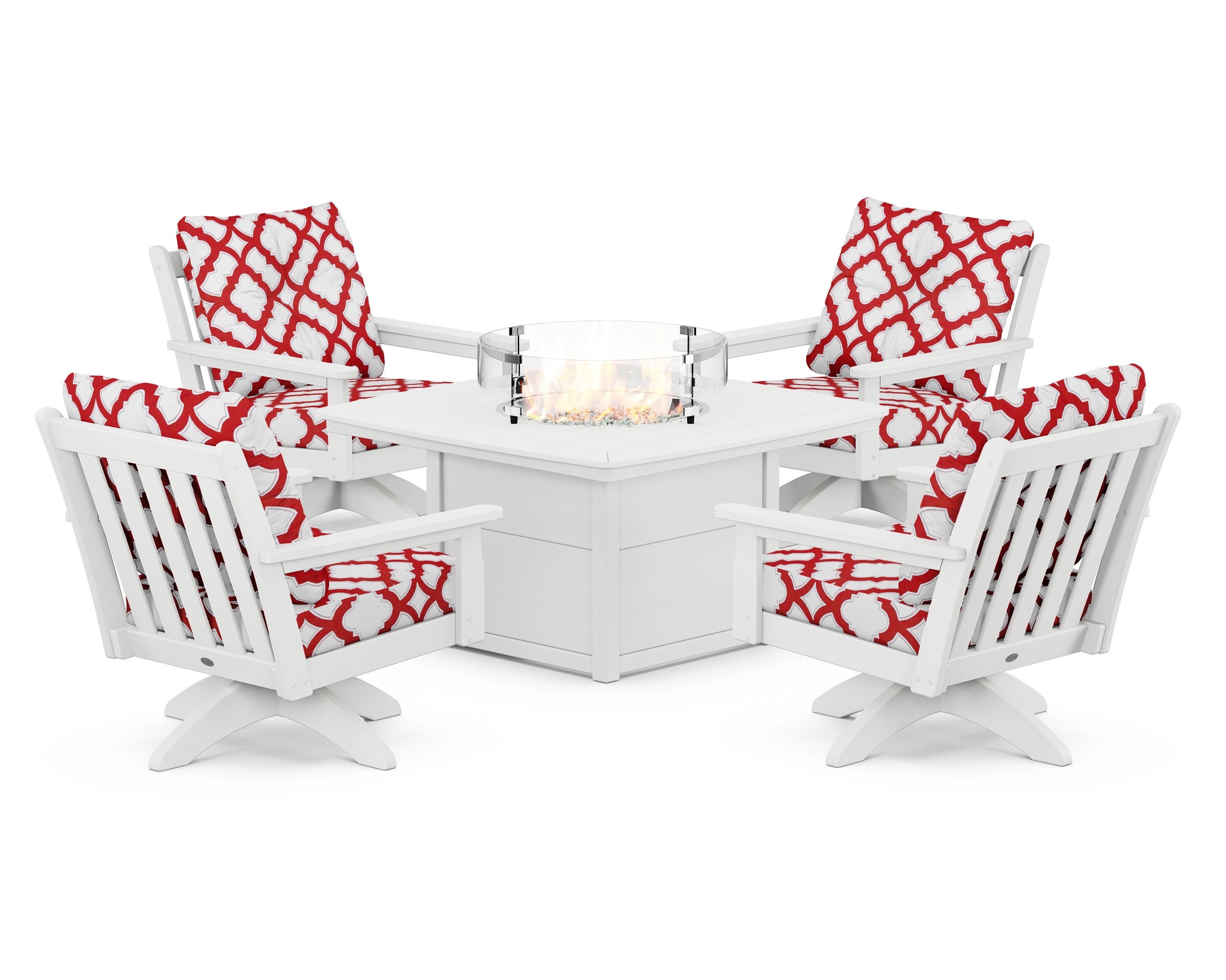 POLYWOOD® Vineyard 5-Piece Deep Seating Swivel Conversation Set with Fire Pit Table in White / Trellis Crimson