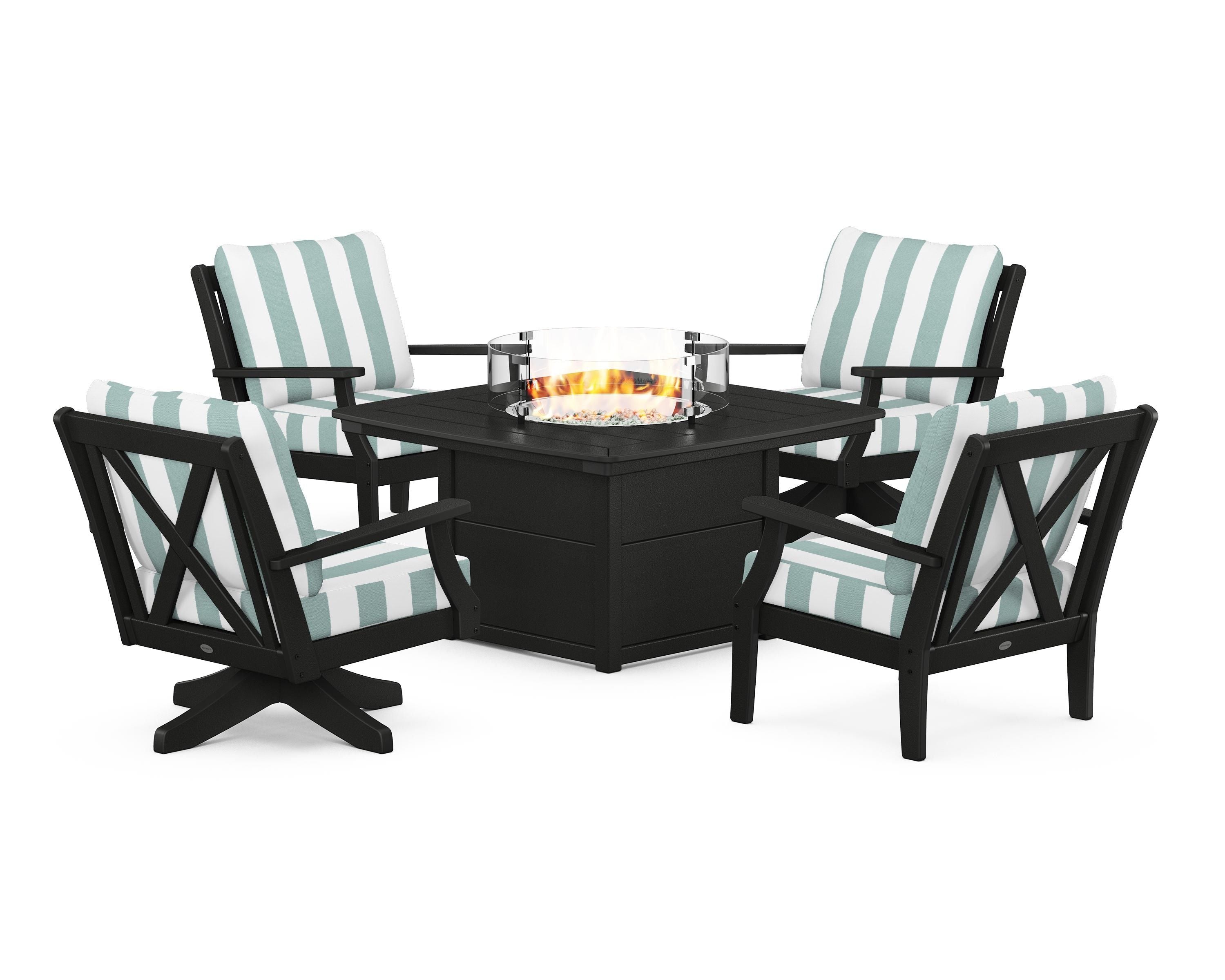 POLYWOOD® Braxton 5-Piece Deep Seating Set with Fire Table in Black / Cabana Stripe Glacier Spa