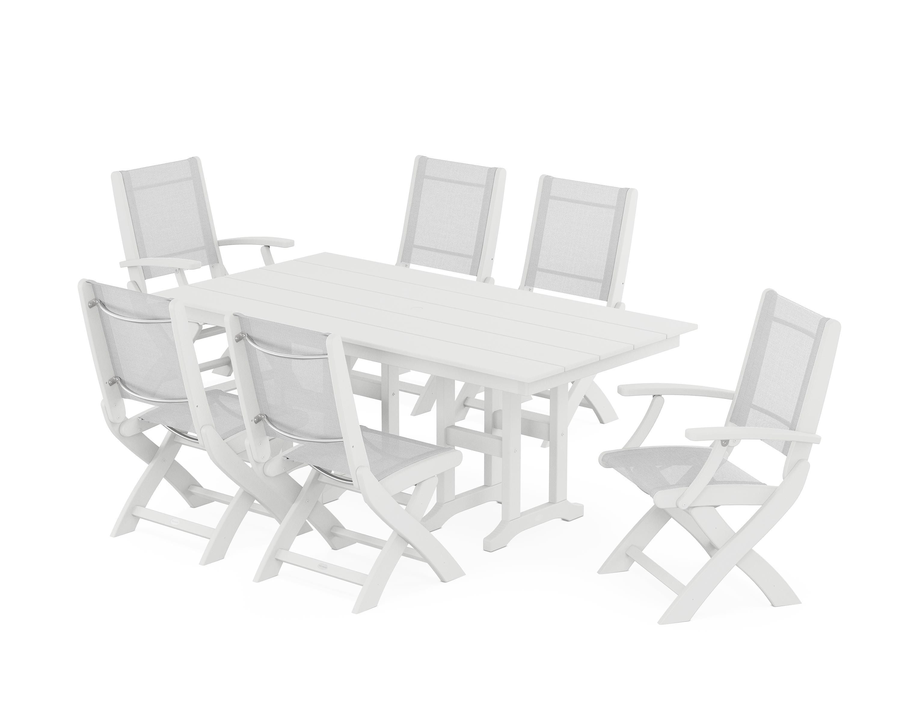 POLYWOOD® Coastal Folding Chair 7-Piece Farmhouse Dining Set in White / White Sling