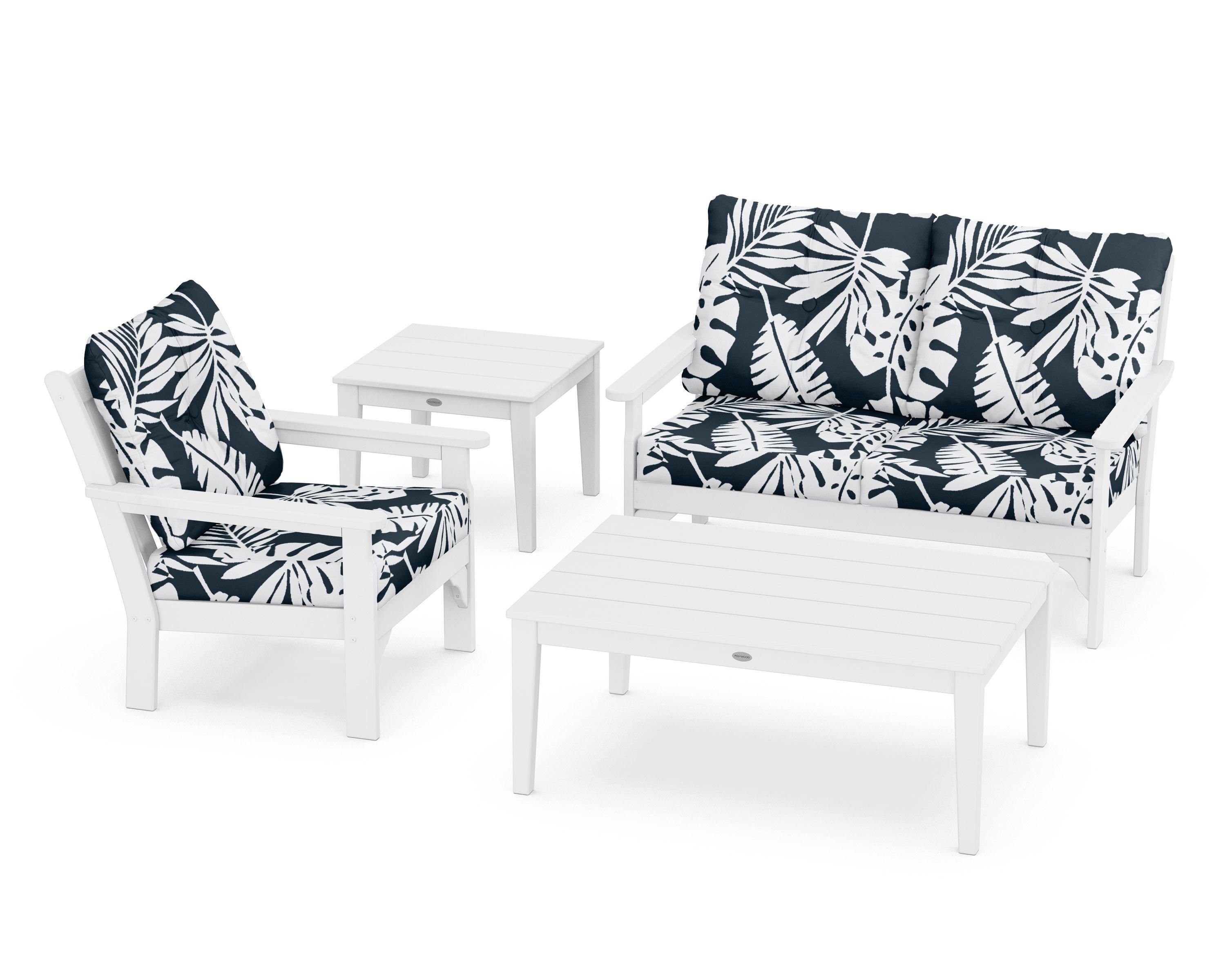 POLYWOOD® Vineyard 4-Piece Deep Seating Set in White / Leaf Marine Indigo