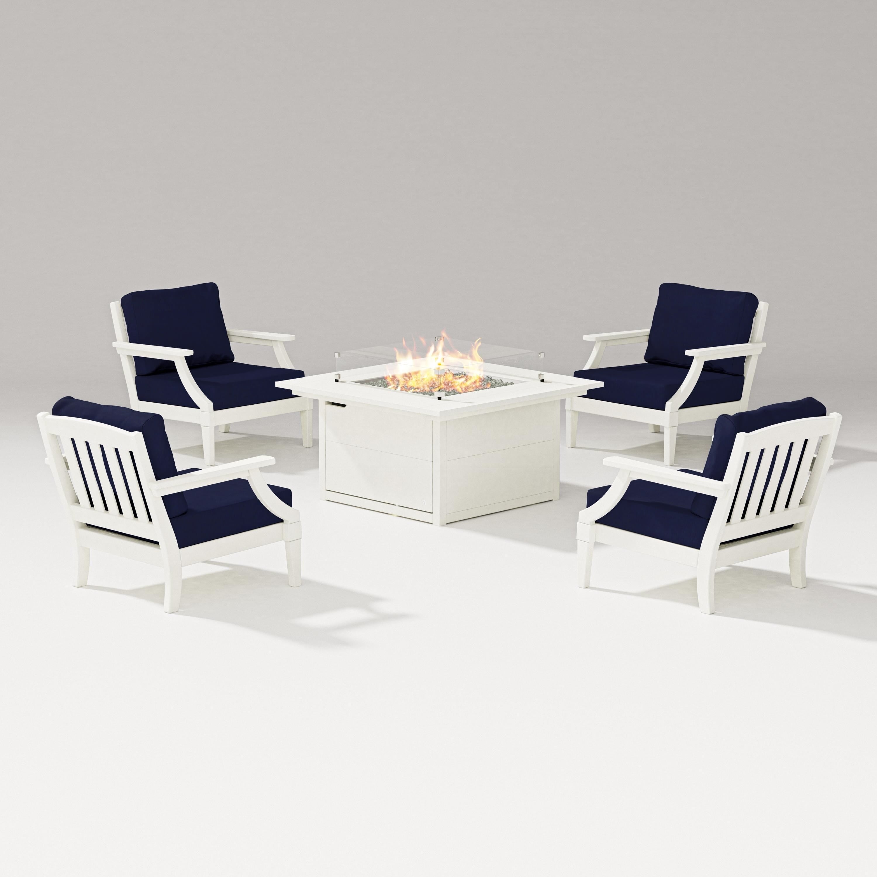 PW Designer Series Estate 5-Piece Lounge Fire Table Set in Vintage White / Navy