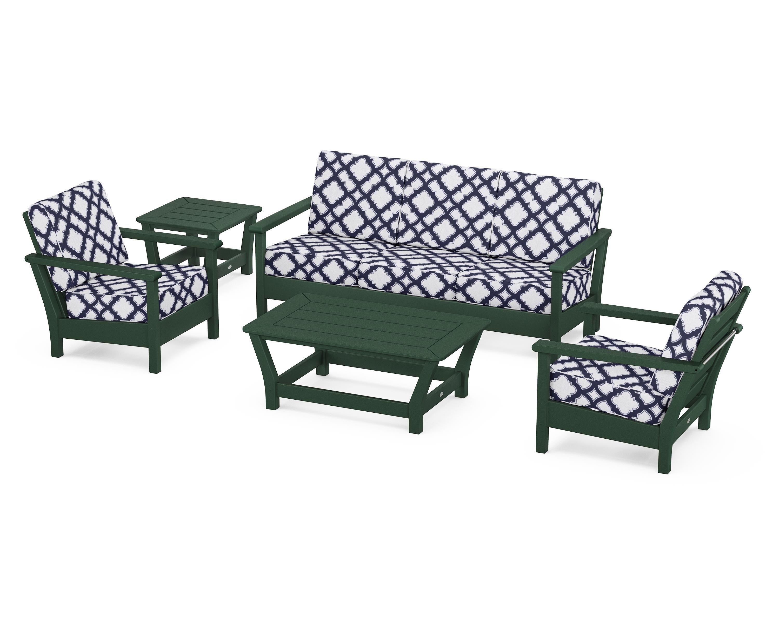 POLYWOOD® Harbour 5-Piece Deep Seating Set in Green / Trellis Navy