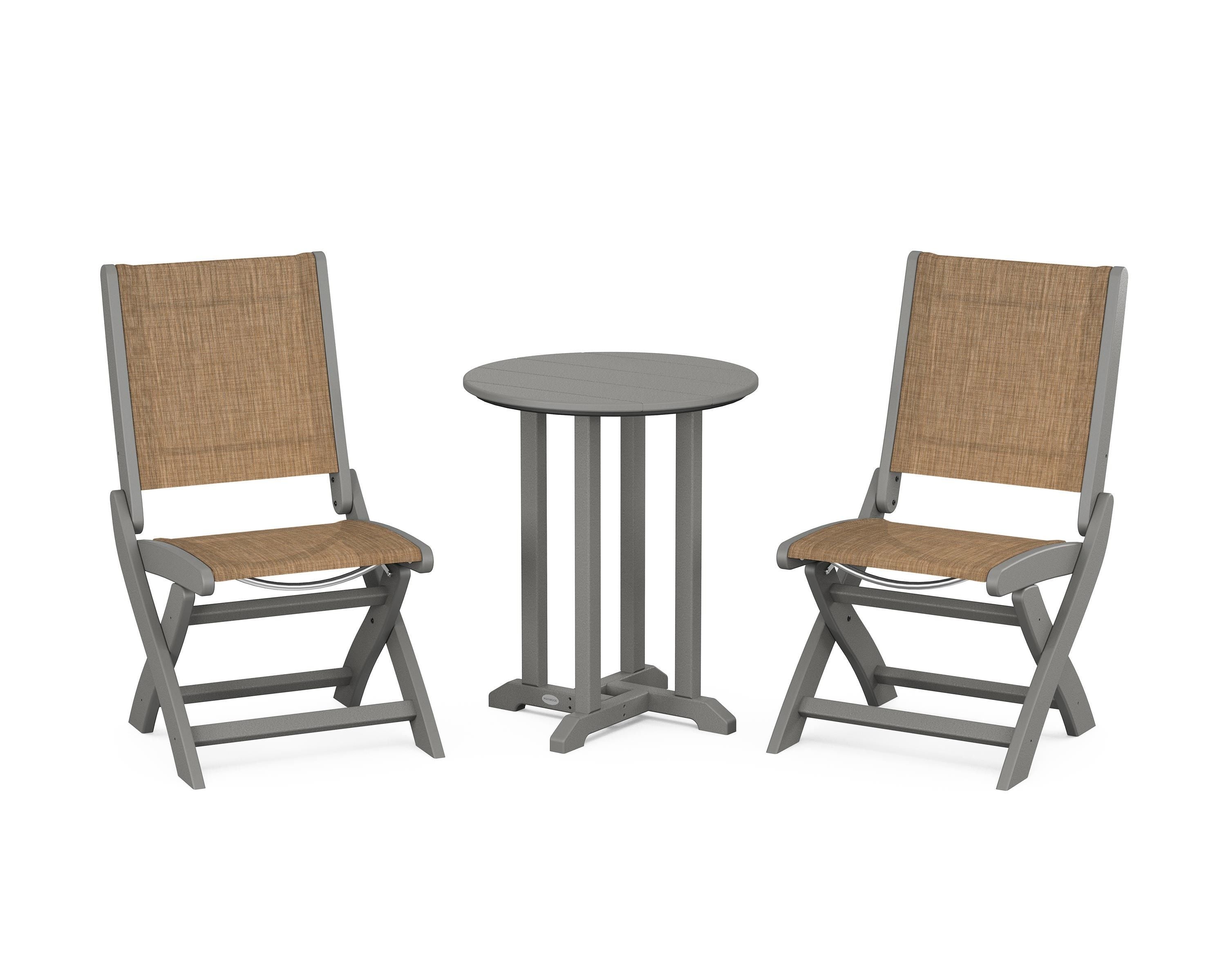 POLYWOOD® Coastal Folding Side Chair 3-Piece Round Bistro Dining Set in Slate Grey / Burlap Sling