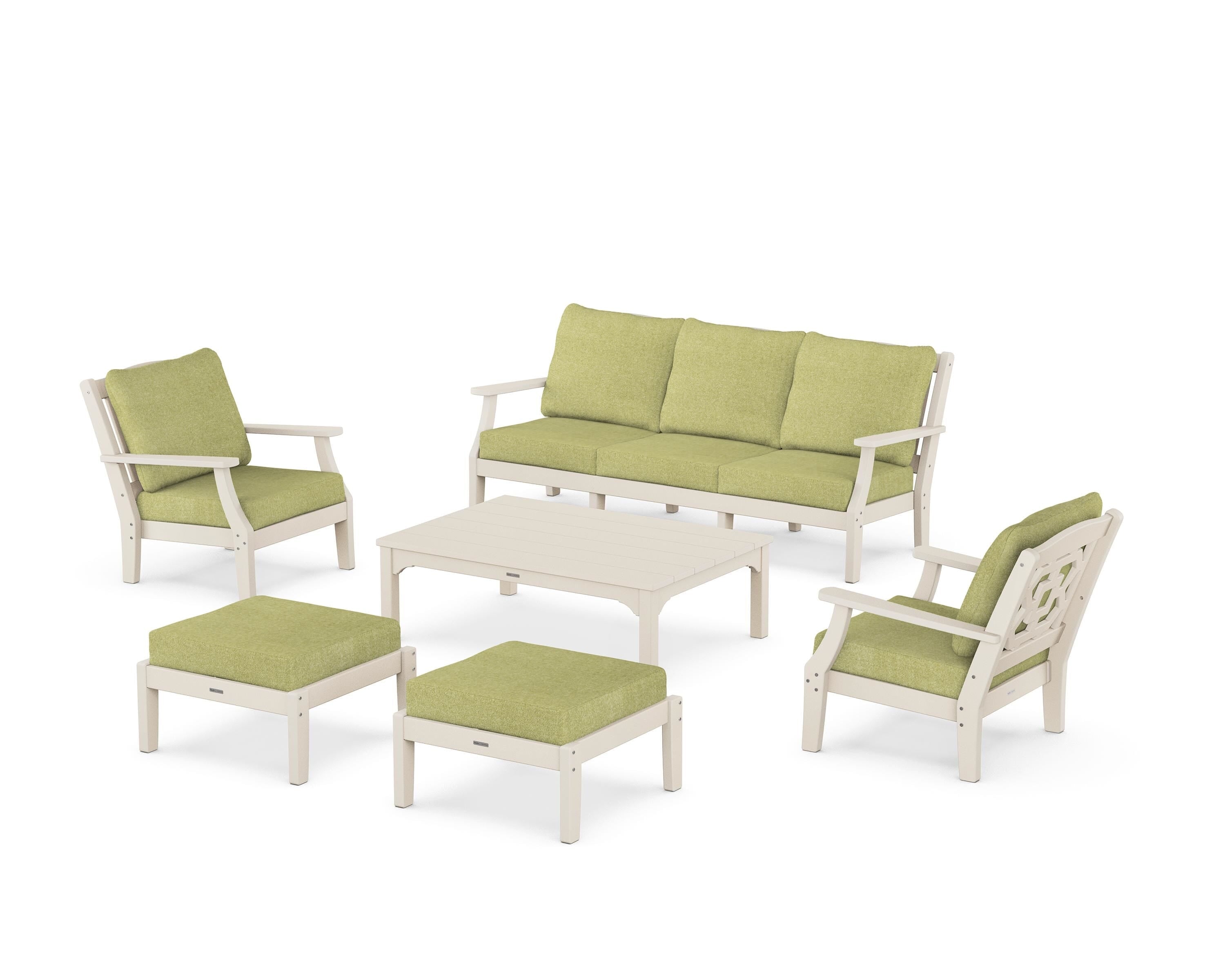Martha Stewart by POLYWOOD® Chinoiserie 6-Piece Lounge Sofa Set in Sand / Chartreuse Boucle
