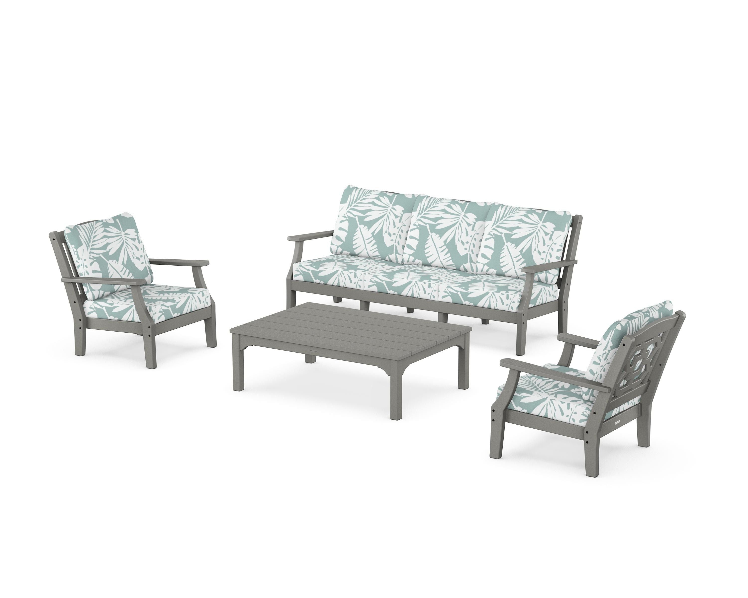 Martha Stewart by POLYWOOD® Chinoiserie 4-Piece Deep Seating Set with Sofa in Slate Grey / Leaf Glacier Spa