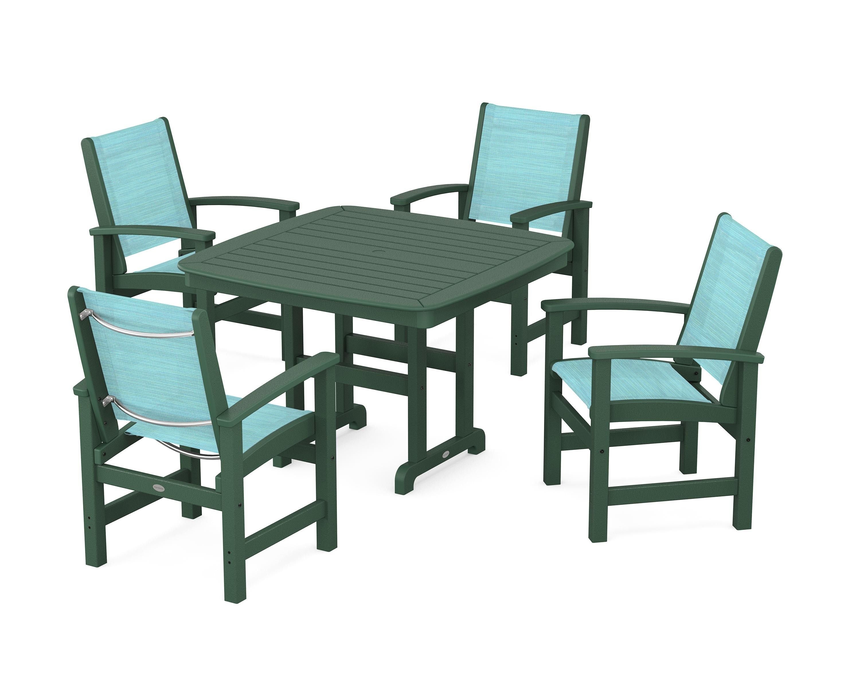 POLYWOOD® Coastal 5-Piece Dining Set in Green / Dupioni Aquamarine Sling