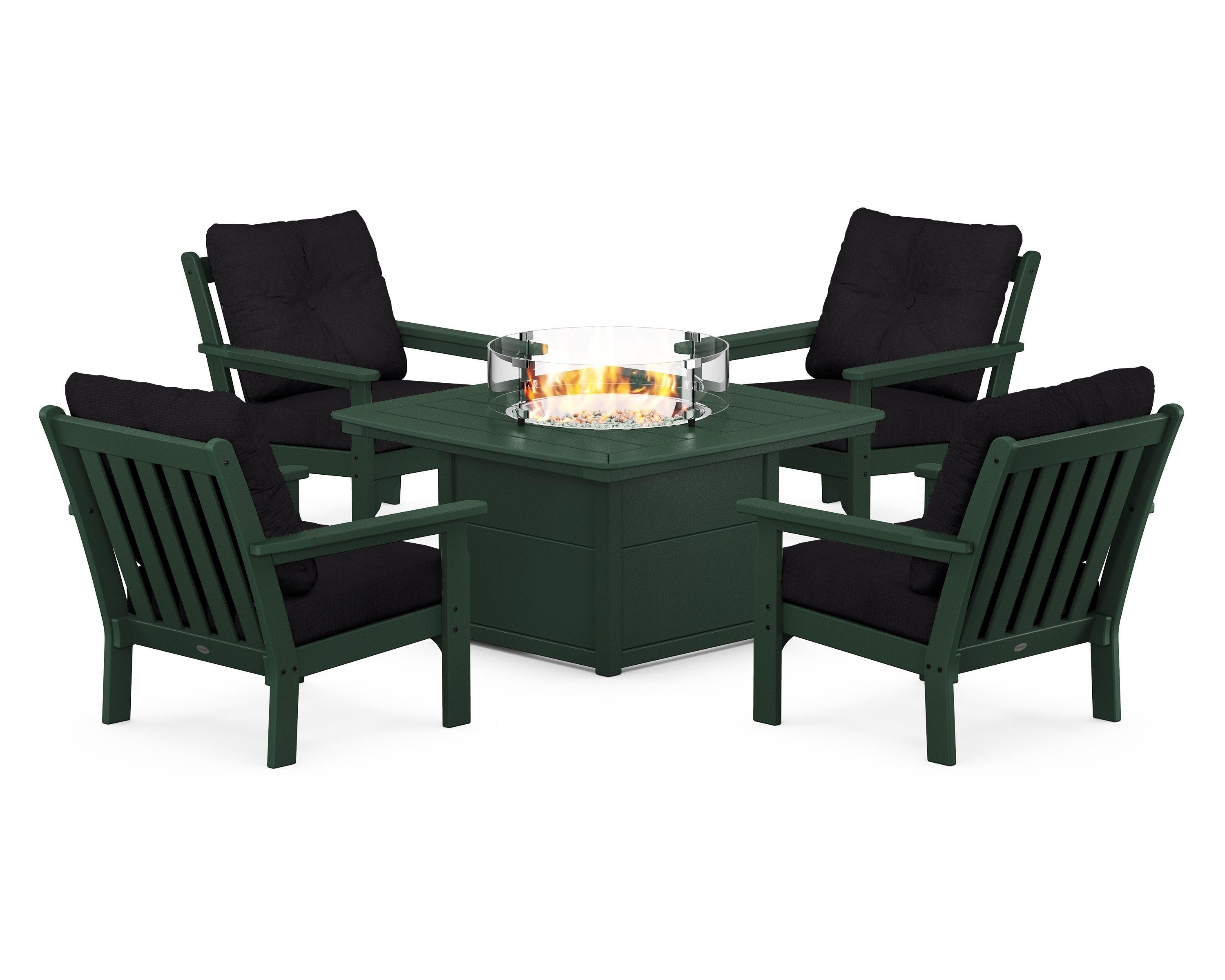 POLYWOOD® Vineyard 5-Piece Conversation Set with Fire Pit Table in Green / Midnight Linen