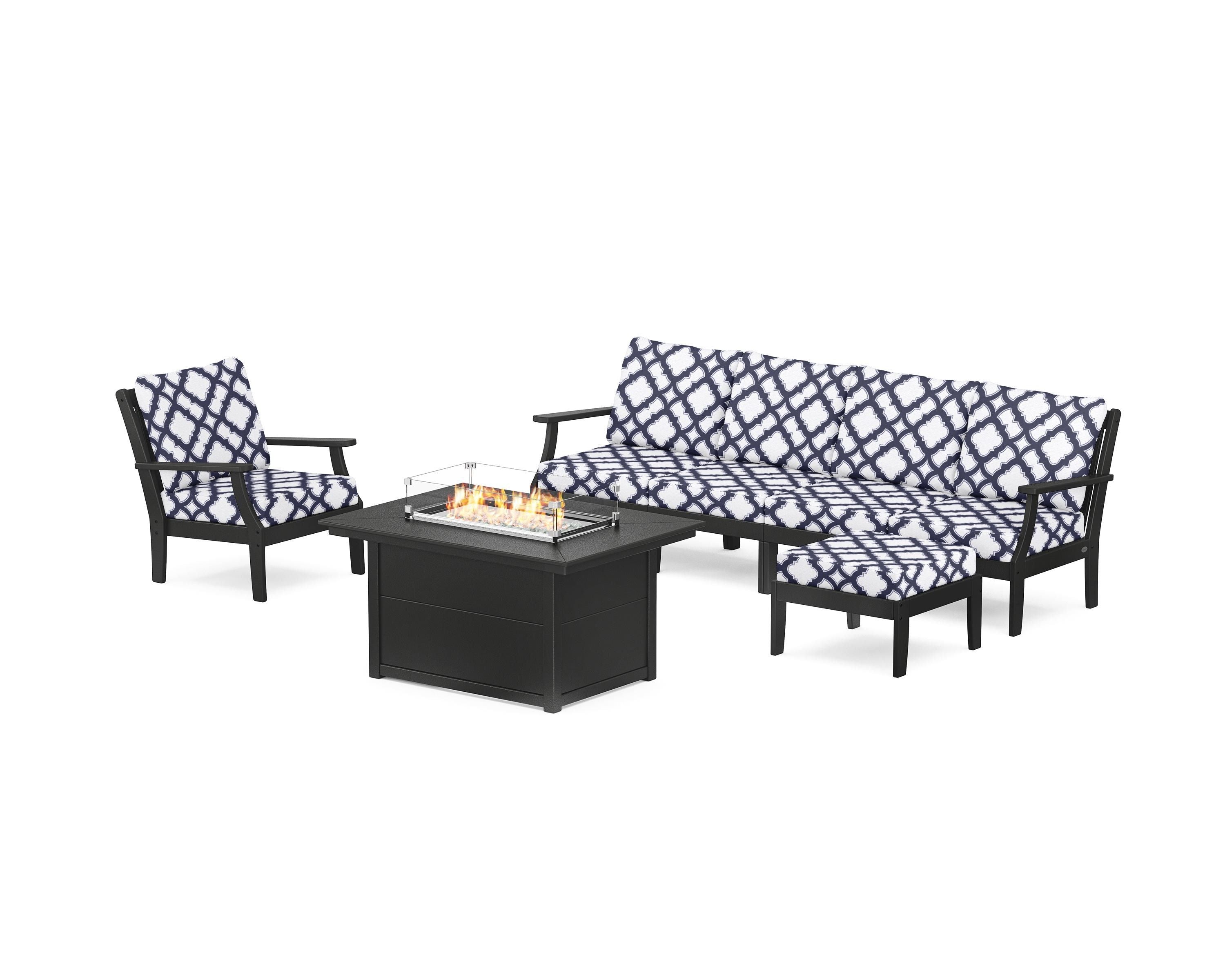 POLYWOOD® Braxton Sectional Lounge and Fire Pit Set in Black / Trellis Navy