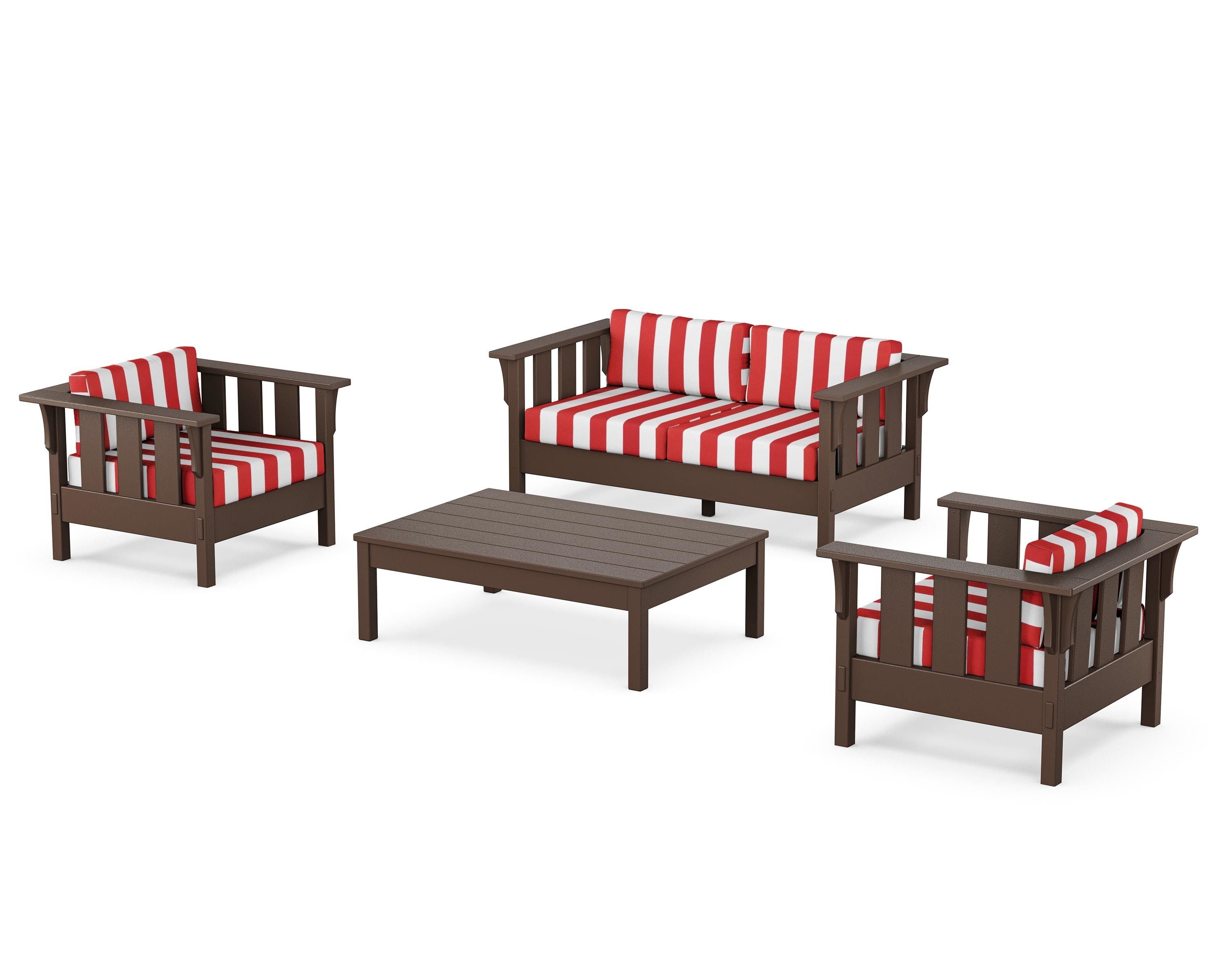 Martha Stewart by POLYWOOD® Acadia 4-Piece Deep Seating Set with Loveseat in Mahogany / Cabana Stripe Crimson