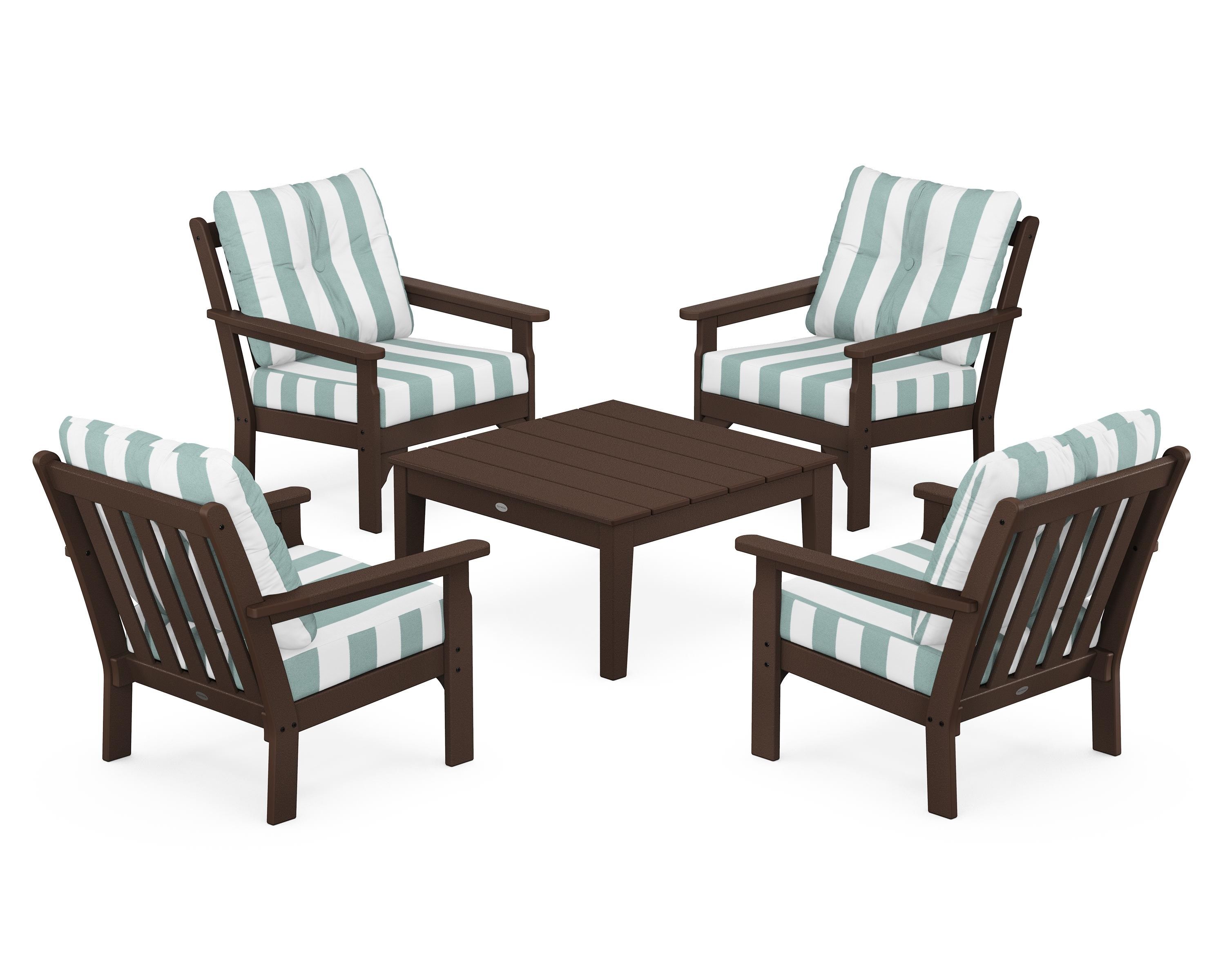 POLYWOOD® Vineyard 5-Piece Deep Seating Conversation Set in Mahogany / Cabana Stripe Glacier Spa