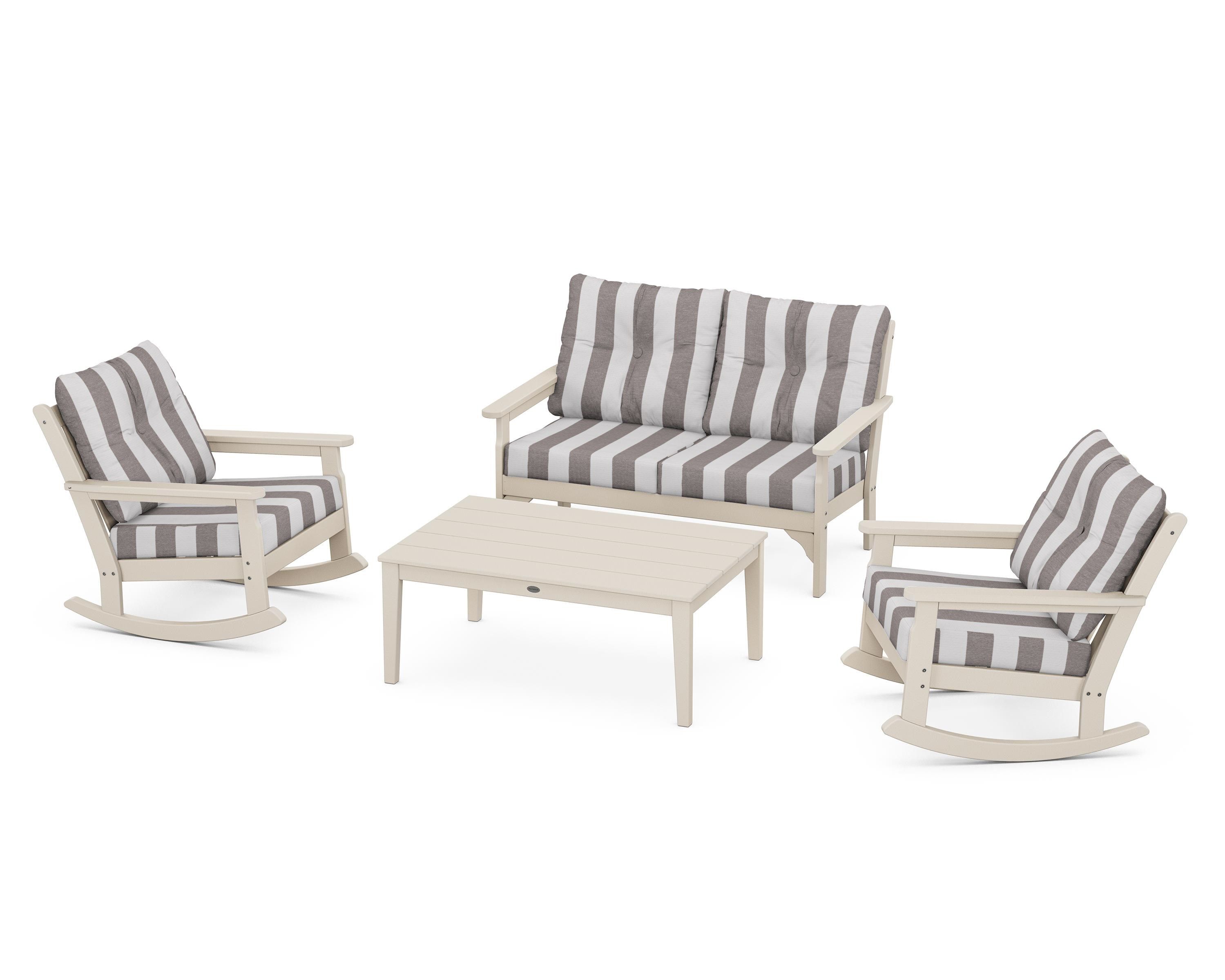 POLYWOOD® Vineyard 4-Piece Deep Seating Rocking Chair Set in Sand / Cabana Stripe Grey Mist