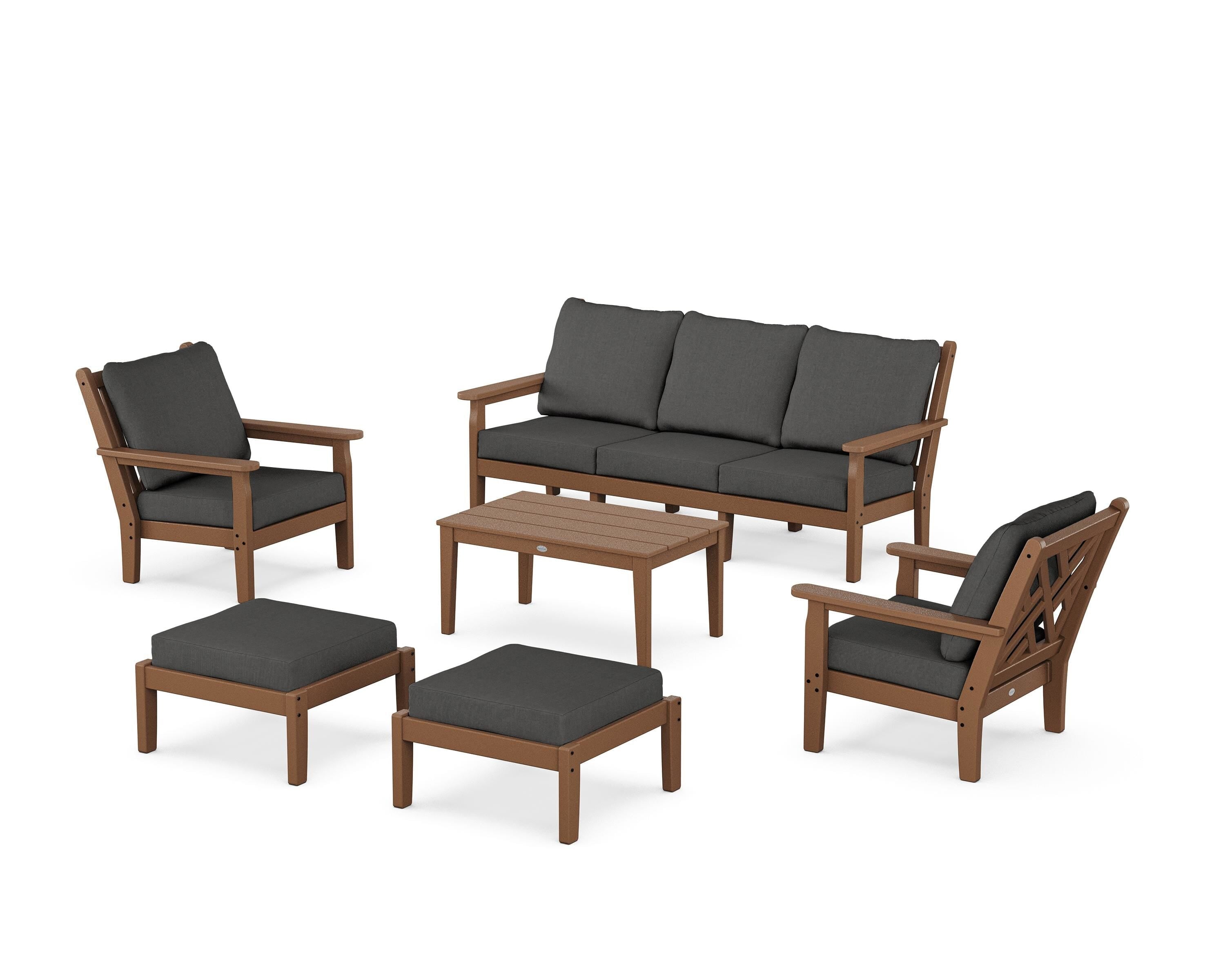 POLYWOOD® Chippendale 6-Piece Lounge Sofa Set in Teak / Spectrum Carbon