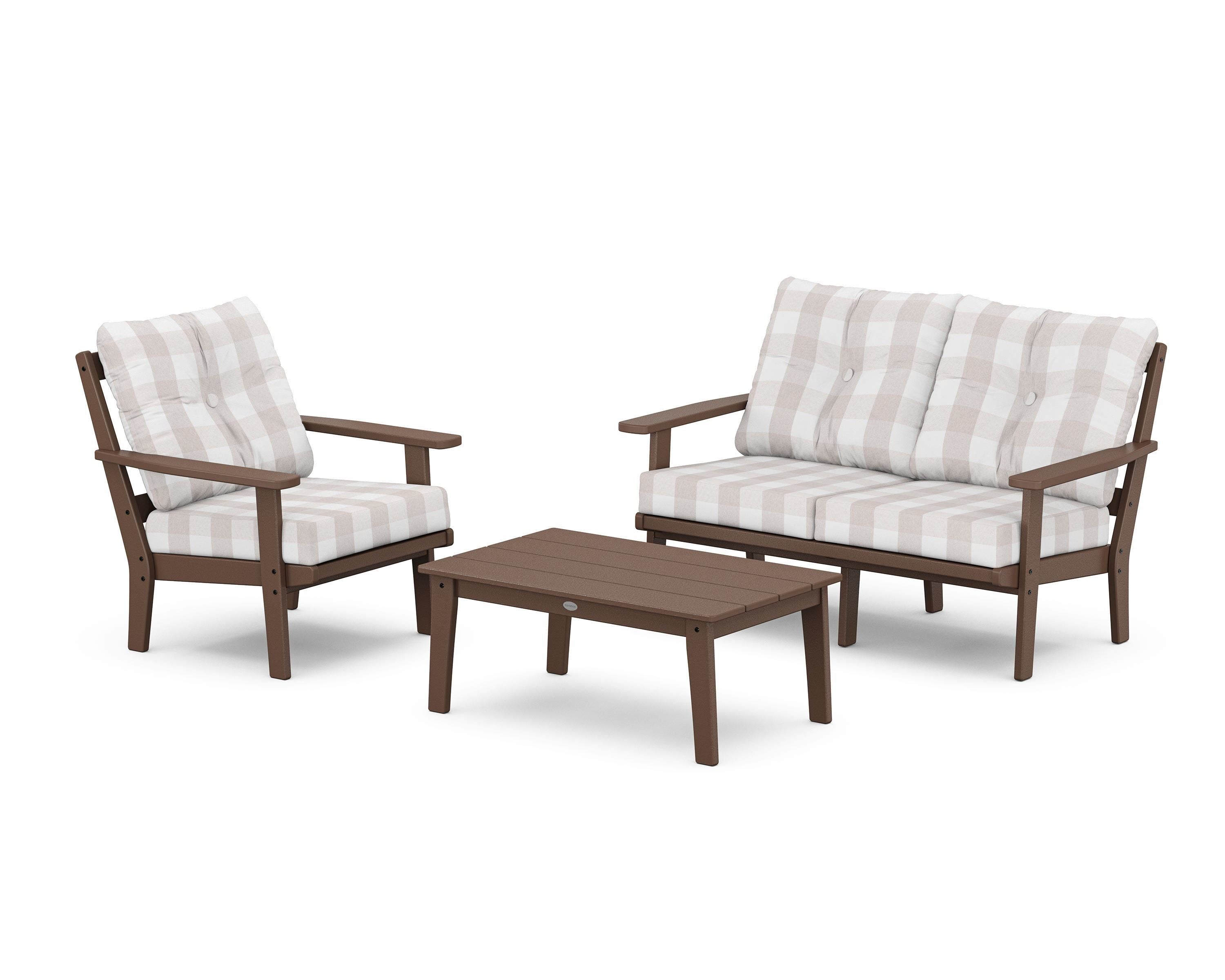 POLYWOOD® Prairie 3-Piece Deep Seating Set with Loveseat in Mahogany / Buffalo Plaid Dune Burlap