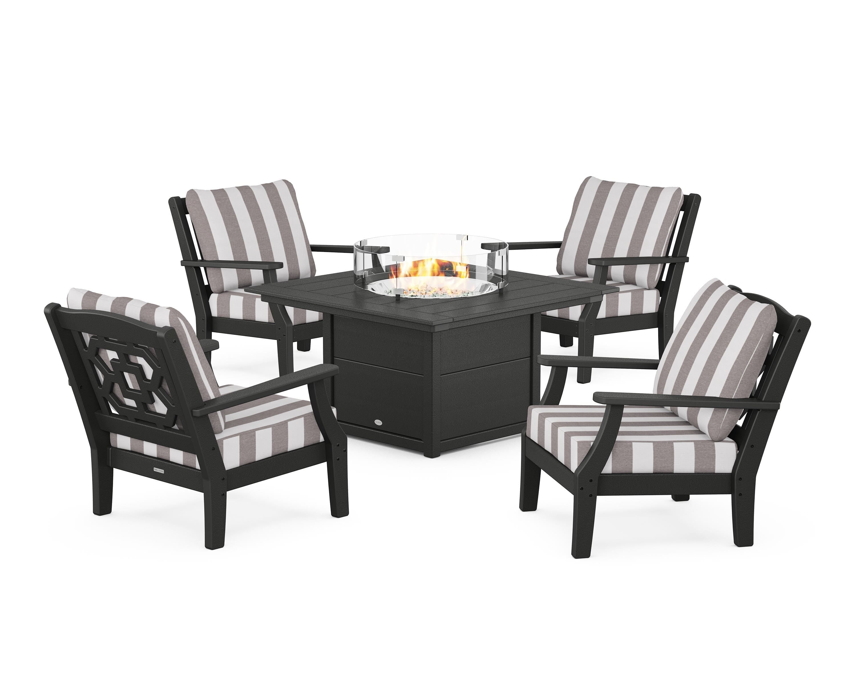Martha Stewart by POLYWOOD® Chinoiserie 5-Piece Deep Seating Set with Fire Pit Table in Black / Cabana Stripe Grey Mist