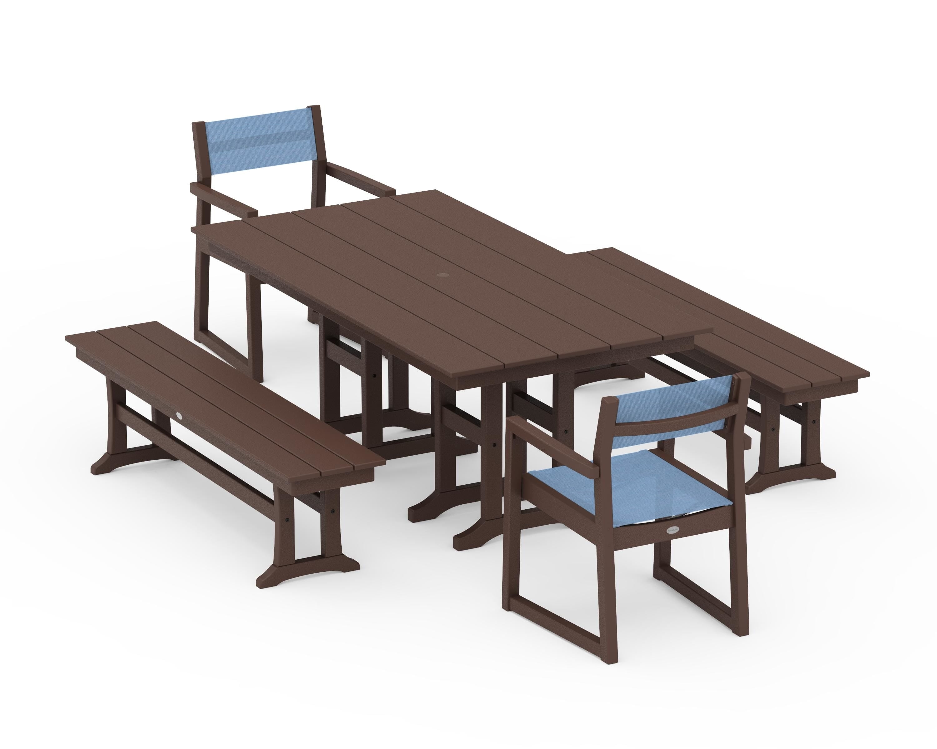 POLYWOOD® EDGE Sling Arm Chair 5-Piece Farmhouse Dining Set with Benches in Mahogany / Poolside Sling
