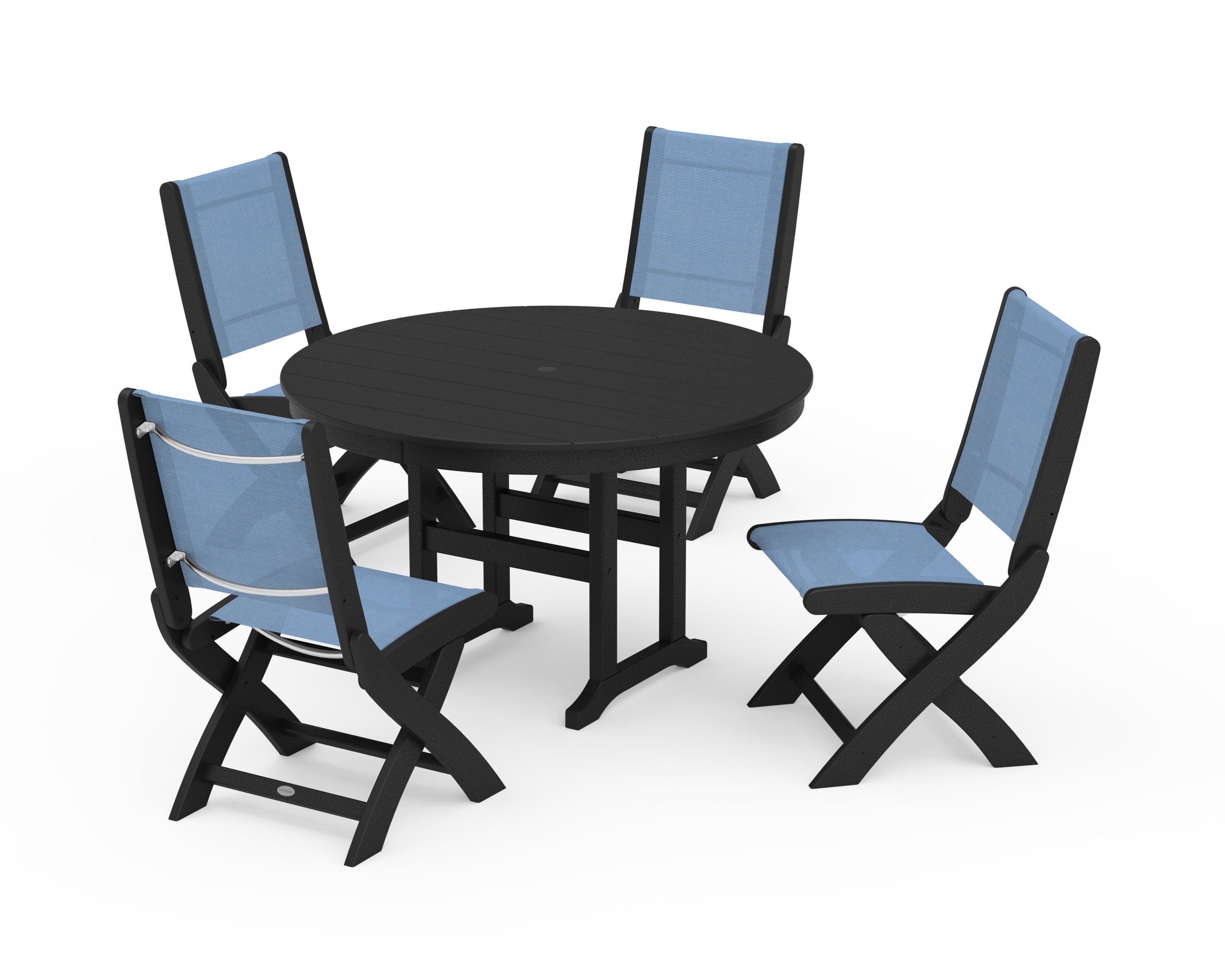POLYWOOD® Coastal Folding Side Chair 5-Piece Round Dining Set in Black / Poolside Sling
