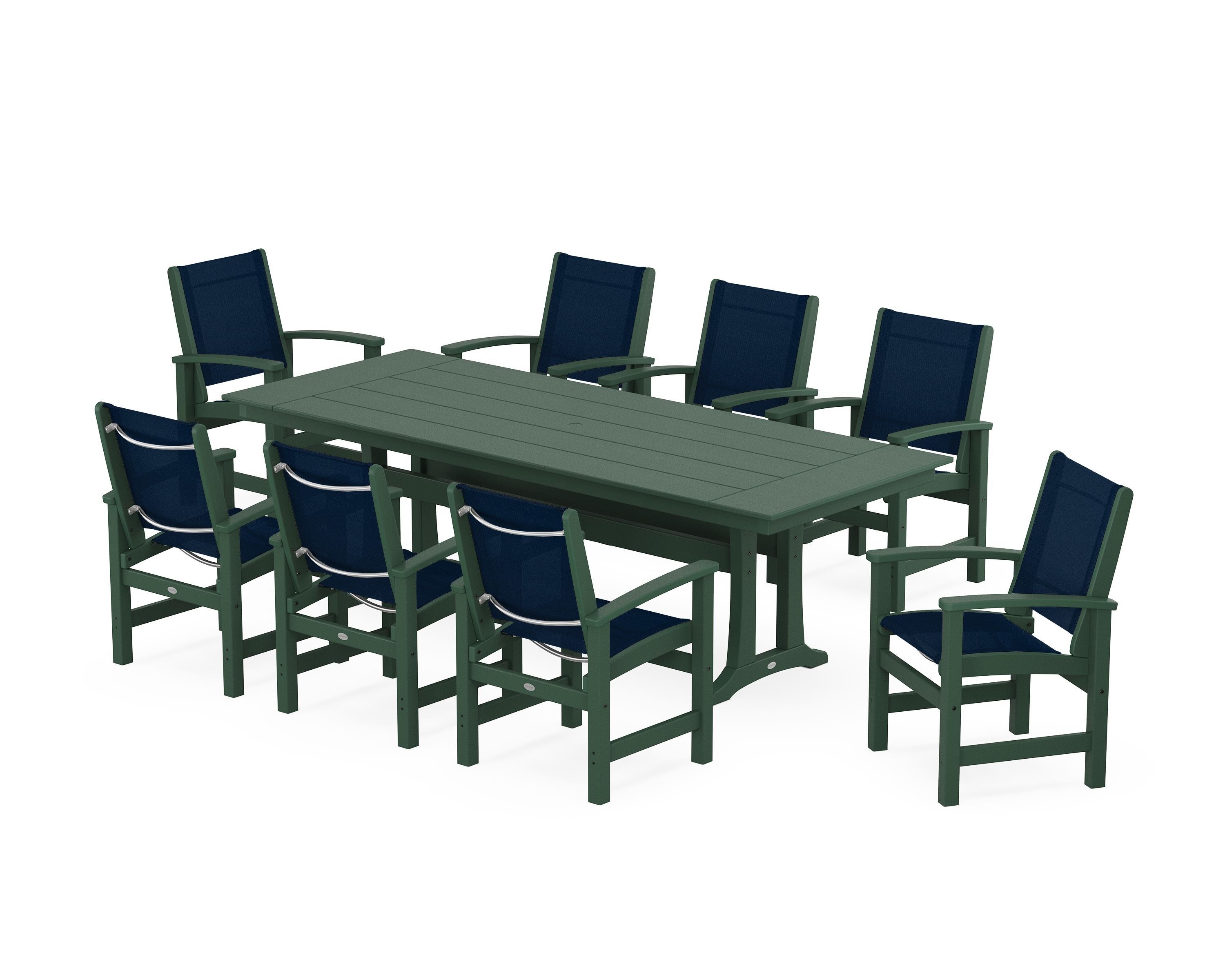 POLYWOOD® Coastal 9-Piece Farmhouse Dining Set with Trestle Legs in Green / Navy Blue Sling
