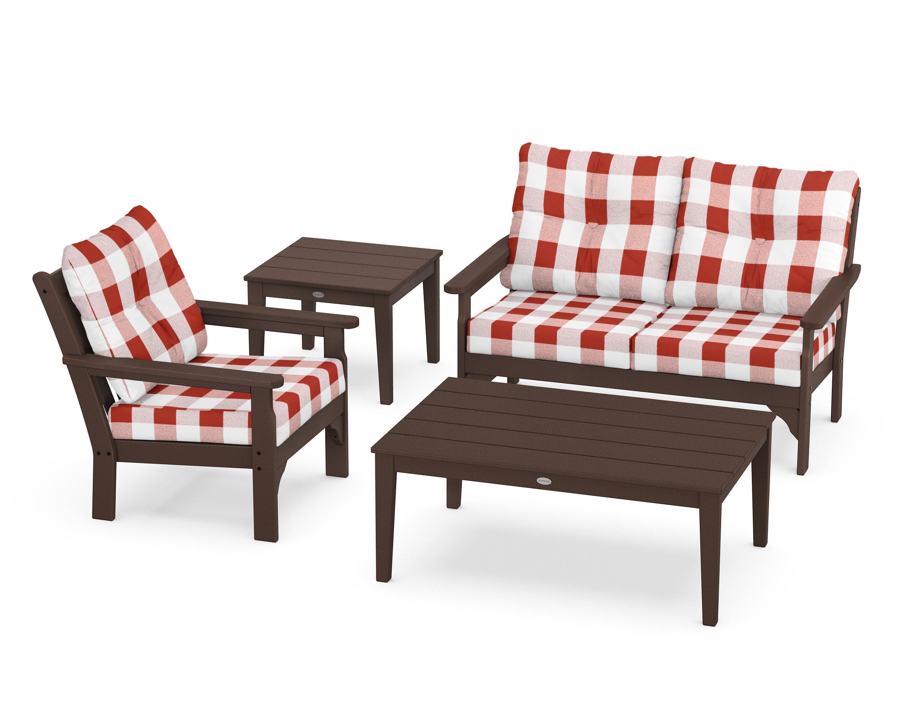 POLYWOOD® Vineyard 4-Piece Deep Seating Set in Mahogany / Buffalo Plaid Crimson
