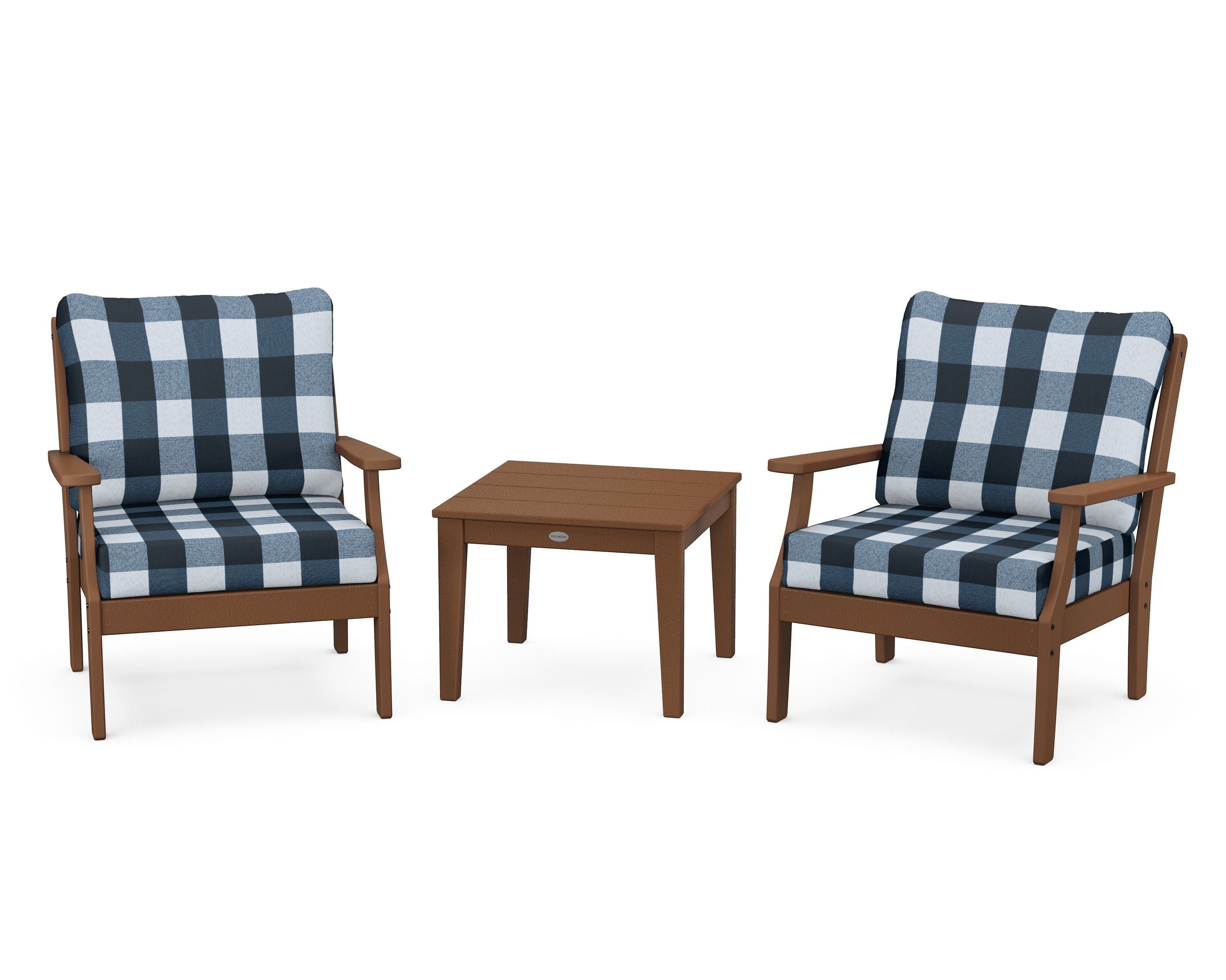 POLYWOOD® Braxton 3-Piece Deep Seating Set in Teak / Buffalo Plaid Marine Indigo