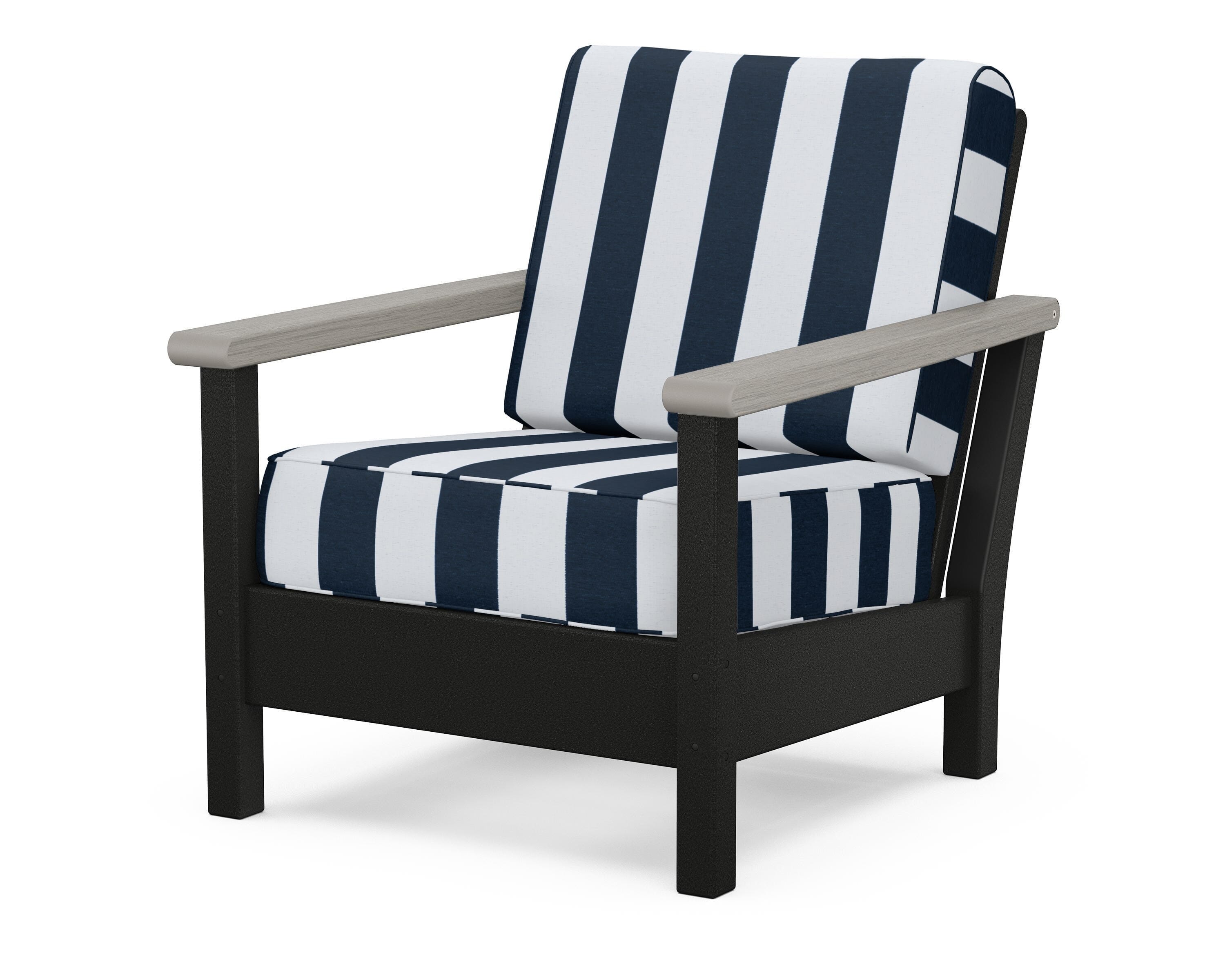POLYWOOD® Harbour Deep Seating Chair in Black / Driftwood / Cabana Stripe Marine Indigo