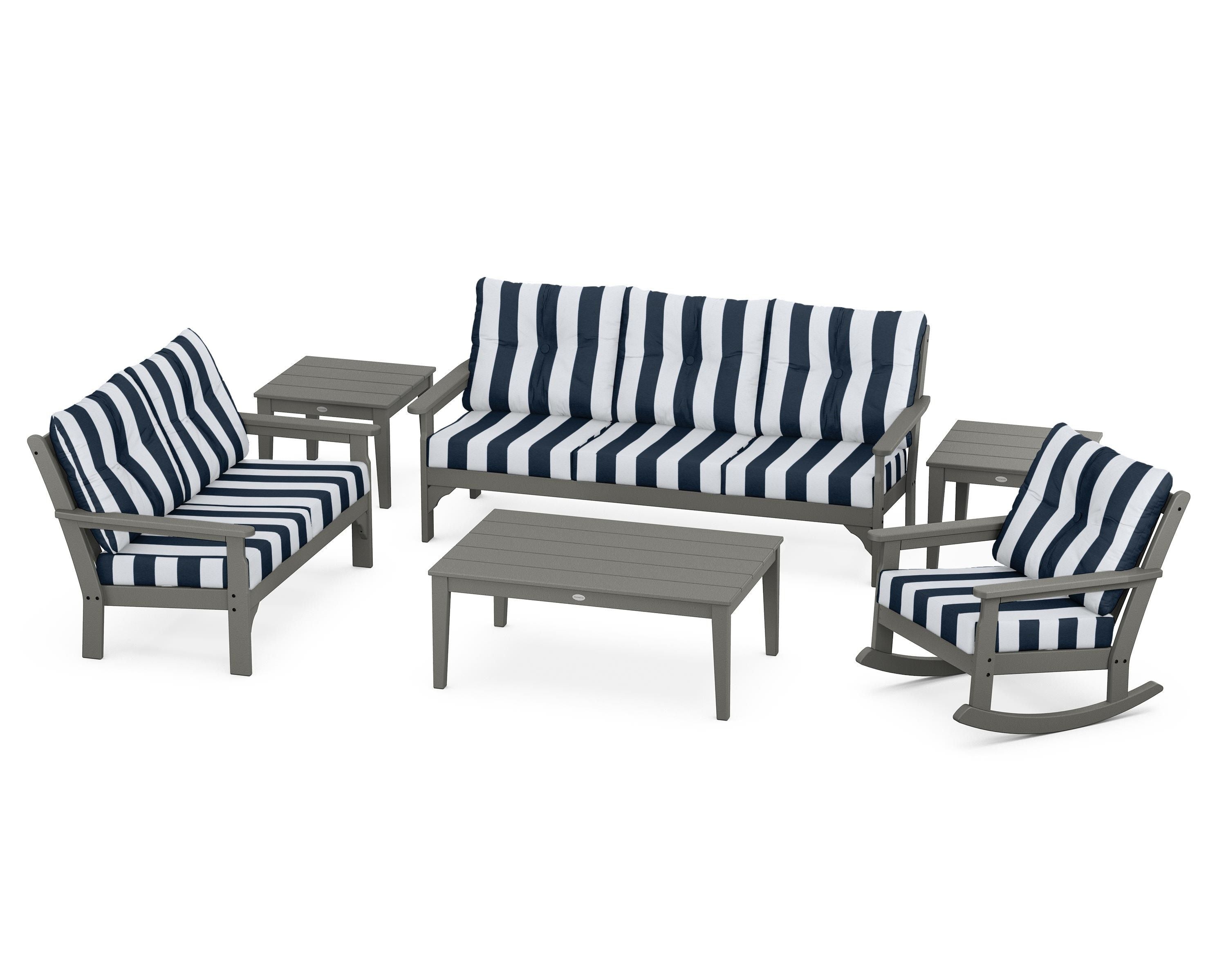POLYWOOD® Vineyard 6-Piece Deep Seating Set in Slate Grey / Cabana Stripe Marine Indigo