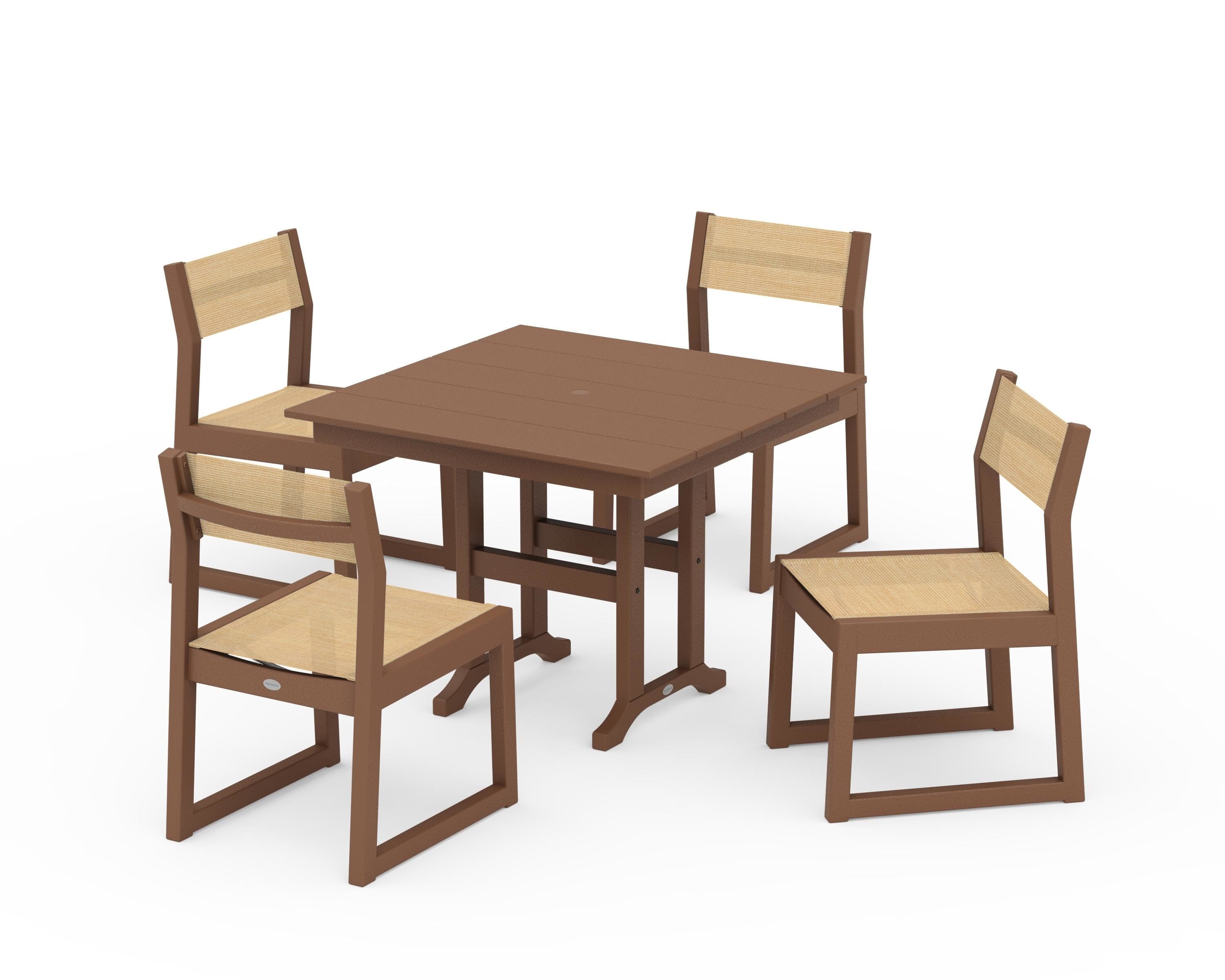 POLYWOOD® EDGE Sling Side Chair 5-Piece Farmhouse Dining Set in Teak / Dupioni Apricot Sling