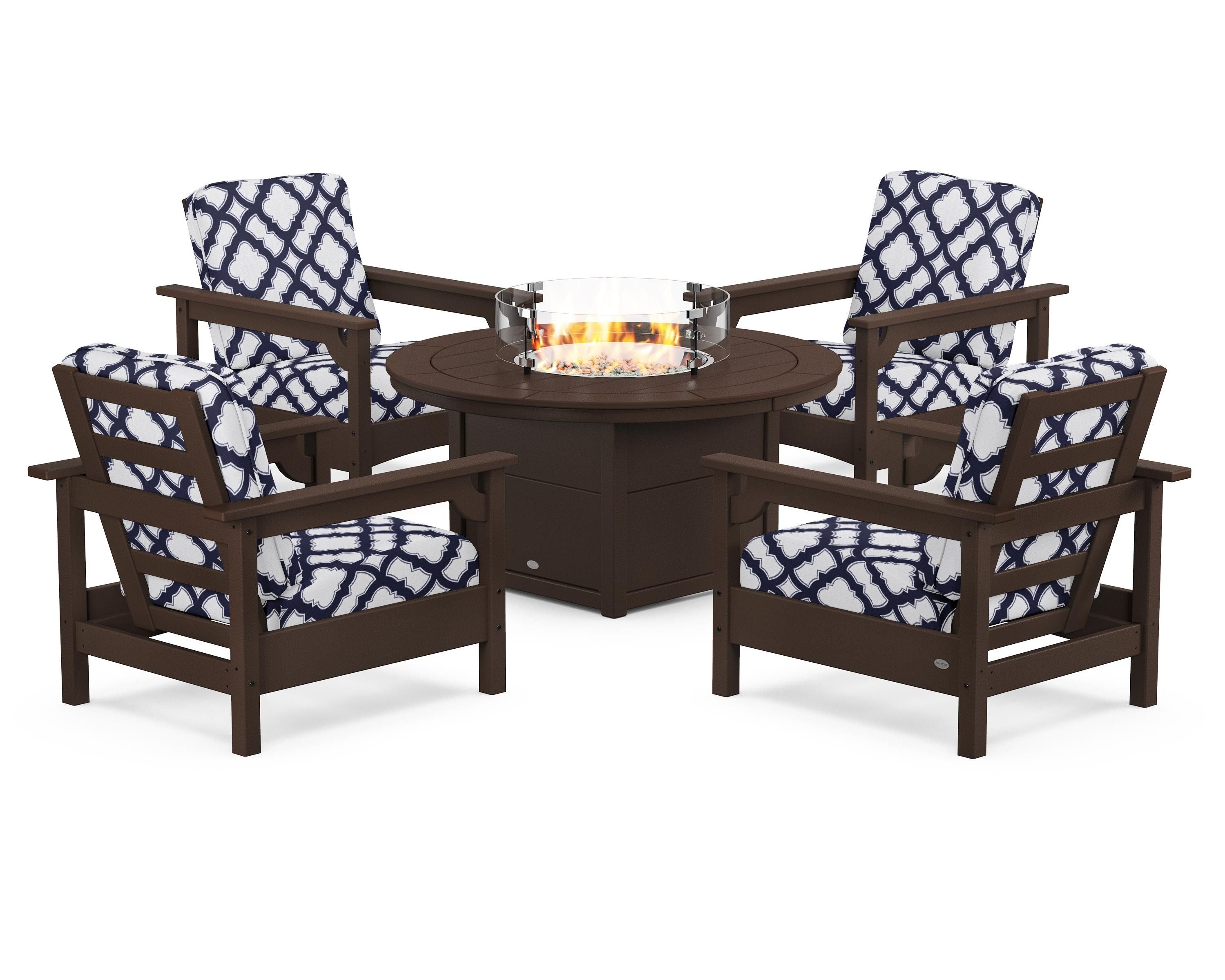 POLYWOOD® Club 5-Piece Conversation Set with Fire Pit Table in Mahogany / Trellis Navy