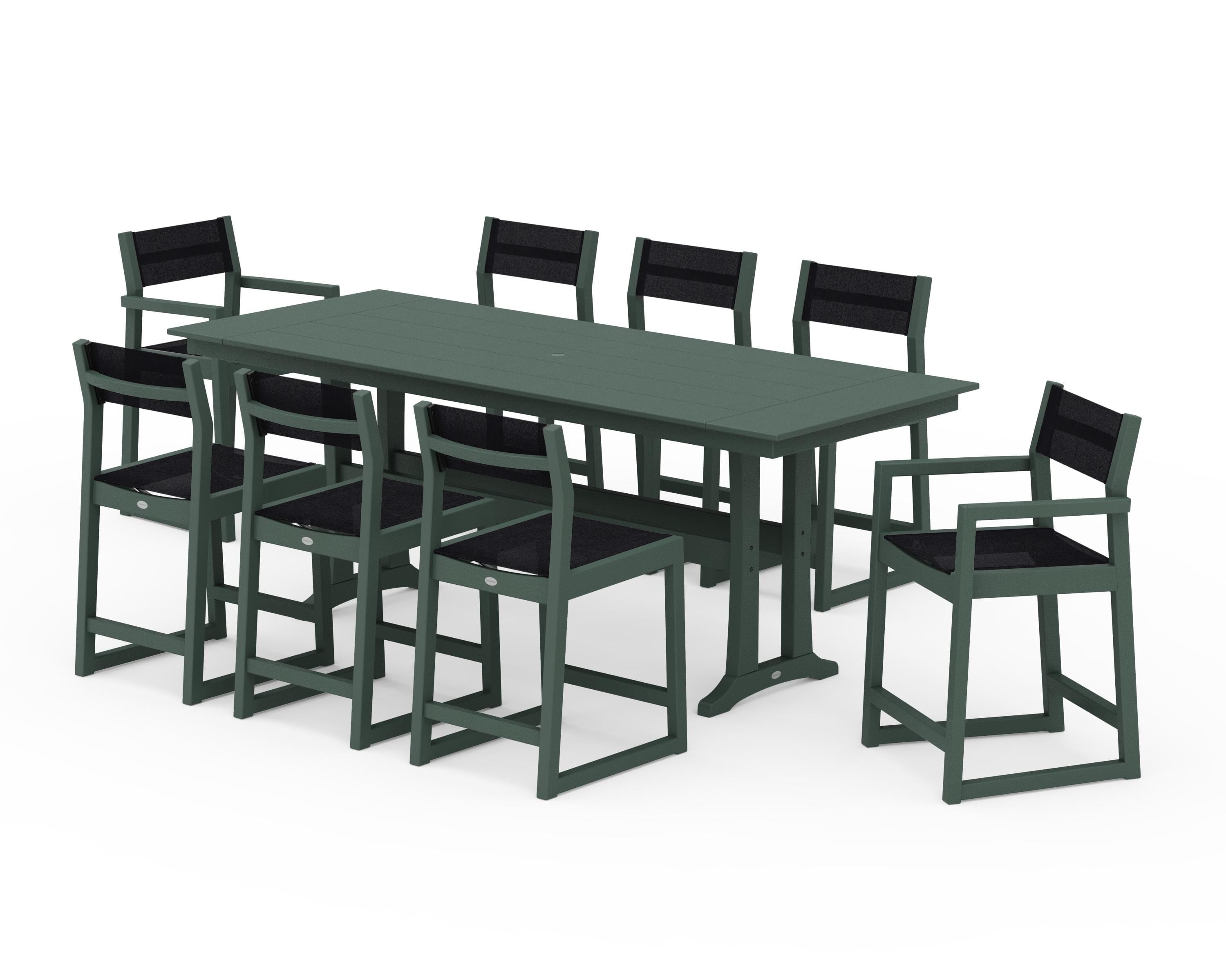 POLYWOOD® EDGE Sling 9-Piece Farmhouse Counter Set with Trestle Legs in Green / Black Sling