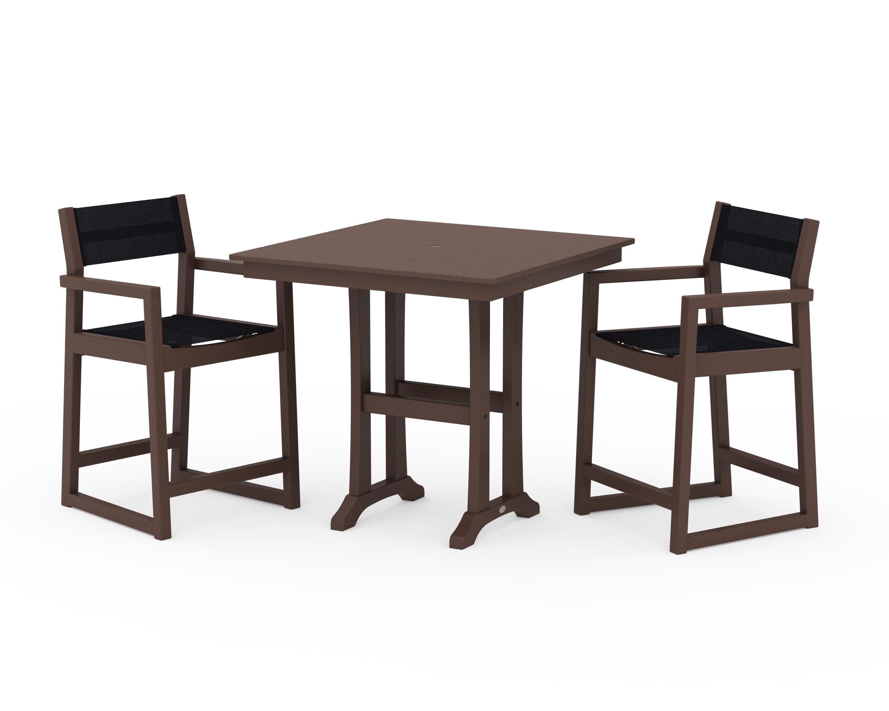 POLYWOOD® EDGE Sling Arm Chair 3-Piece Farmhouse Counter Set with Trestle Legs in Mahogany / Black Sling