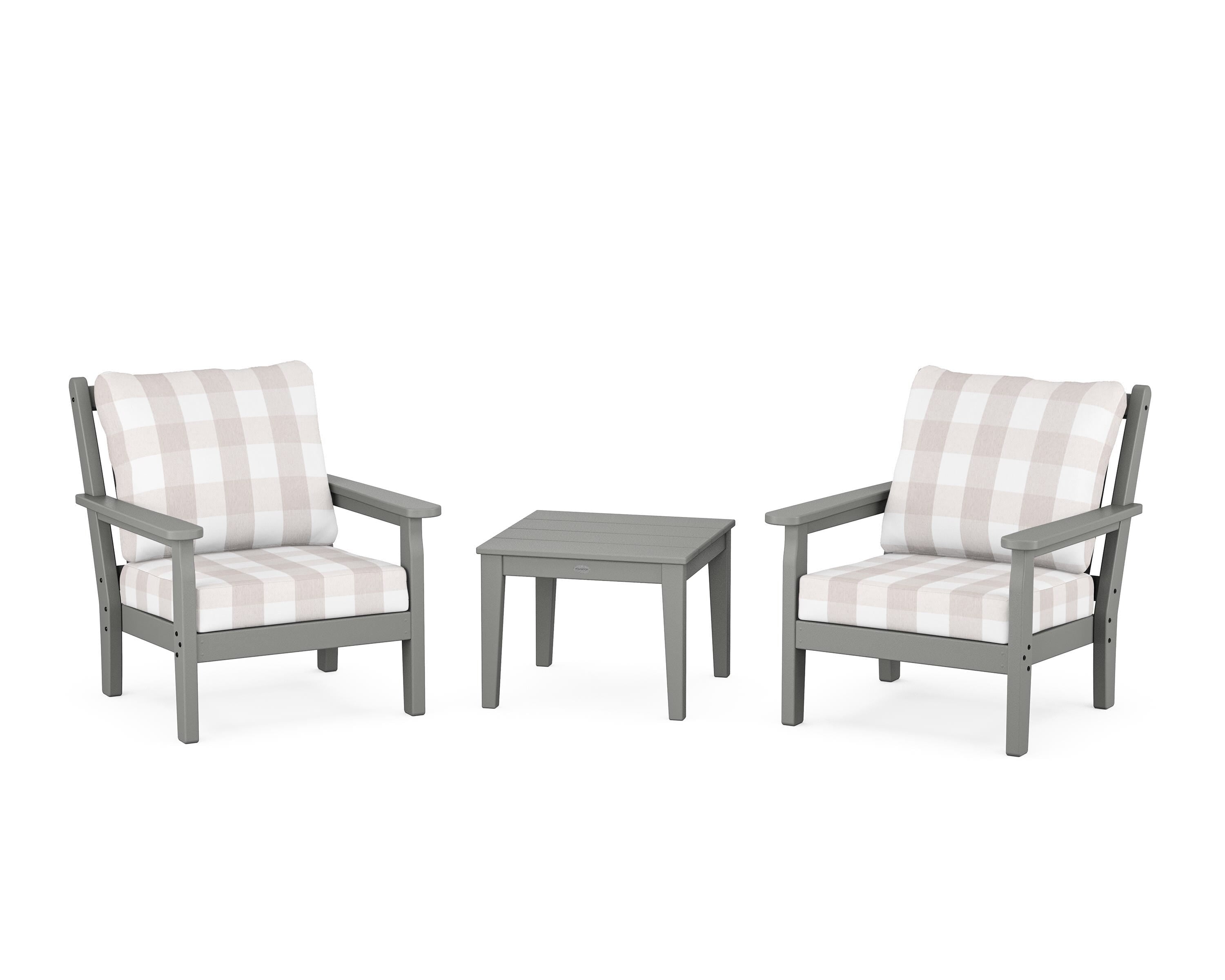 POLYWOOD® Chippendale 3-Piece Deep Seating Set in Slate Grey / Buffalo Plaid Dune Burlap