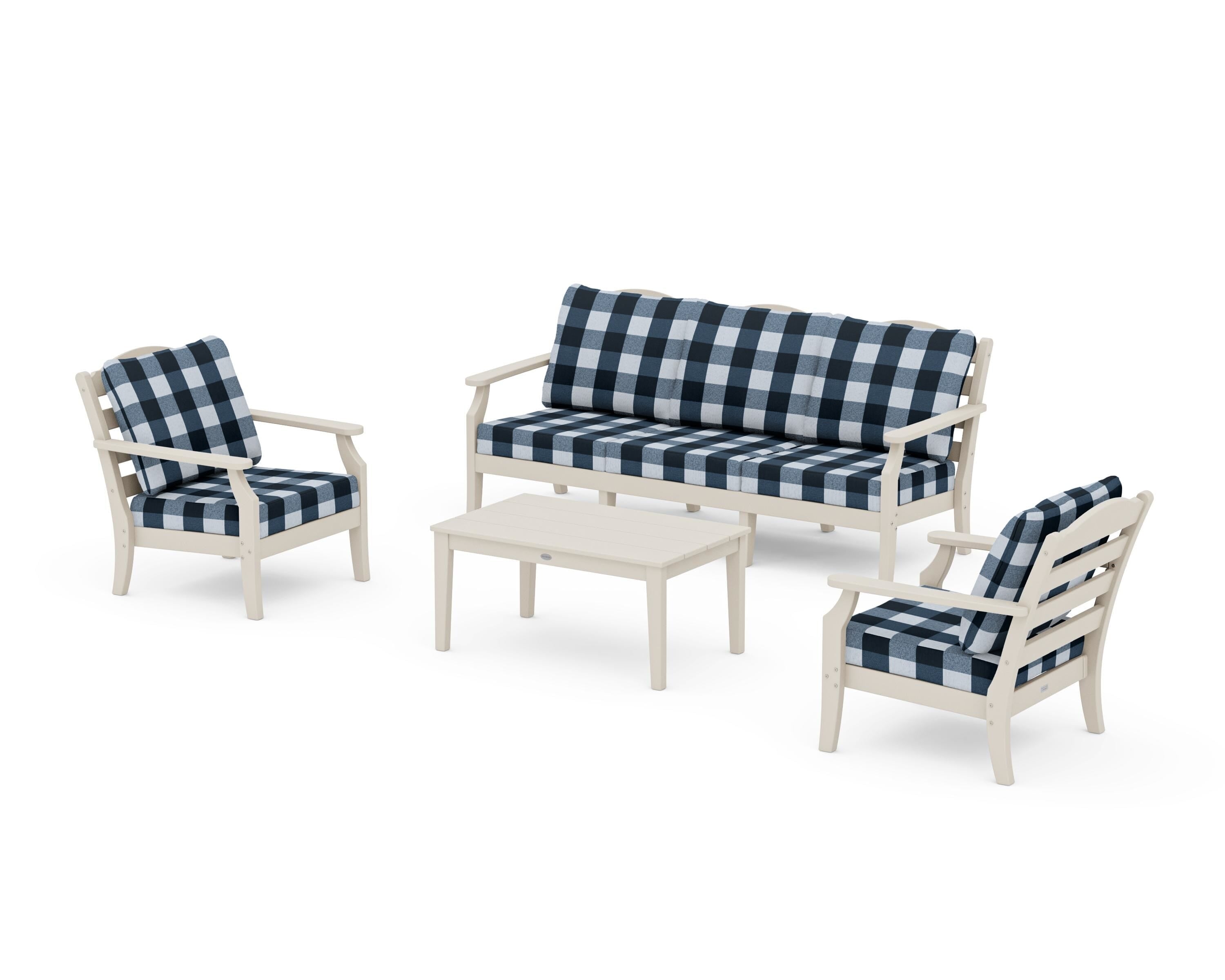 Draper James™ by POLYWOOD® Savannah 4-Piece Deep Seating Set with Sofa in Sand / Buffalo Plaid Marine Indigo