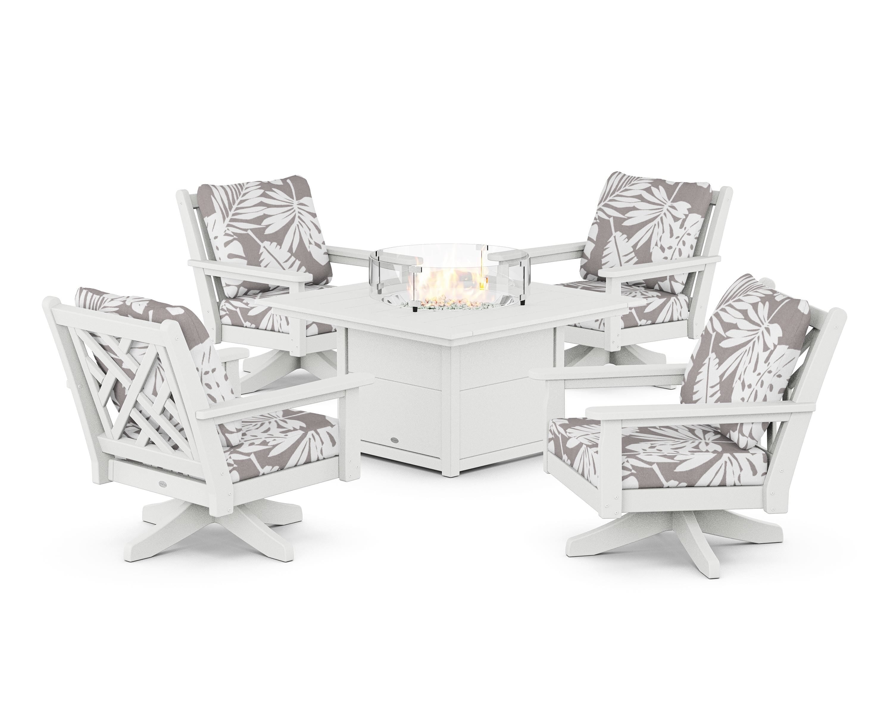 POLYWOOD® Chippendale 5-Piece Deep Seating Swivel Conversation Set with Fire Pit Table in White / Leaf Grey Mist