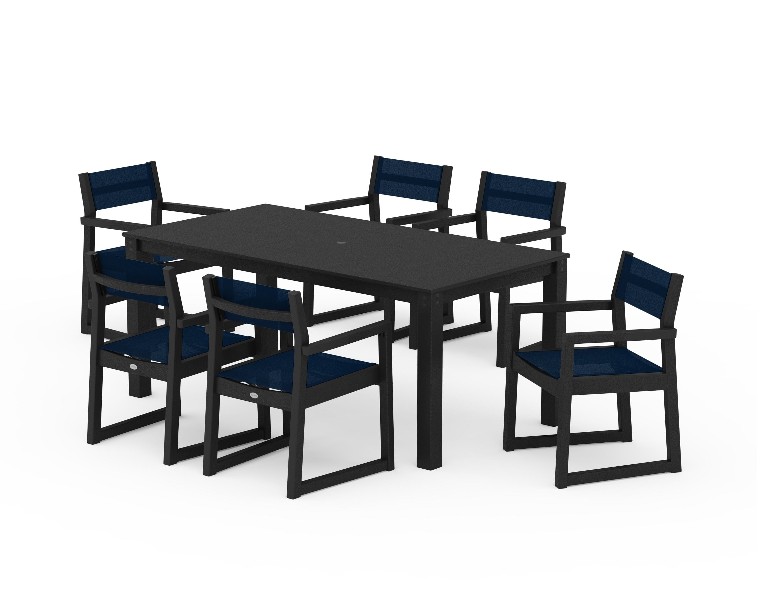POLYWOOD® EDGE Sling Arm Chair 7-Piece Parsons Dining Set in Black / Navy Blue Sling