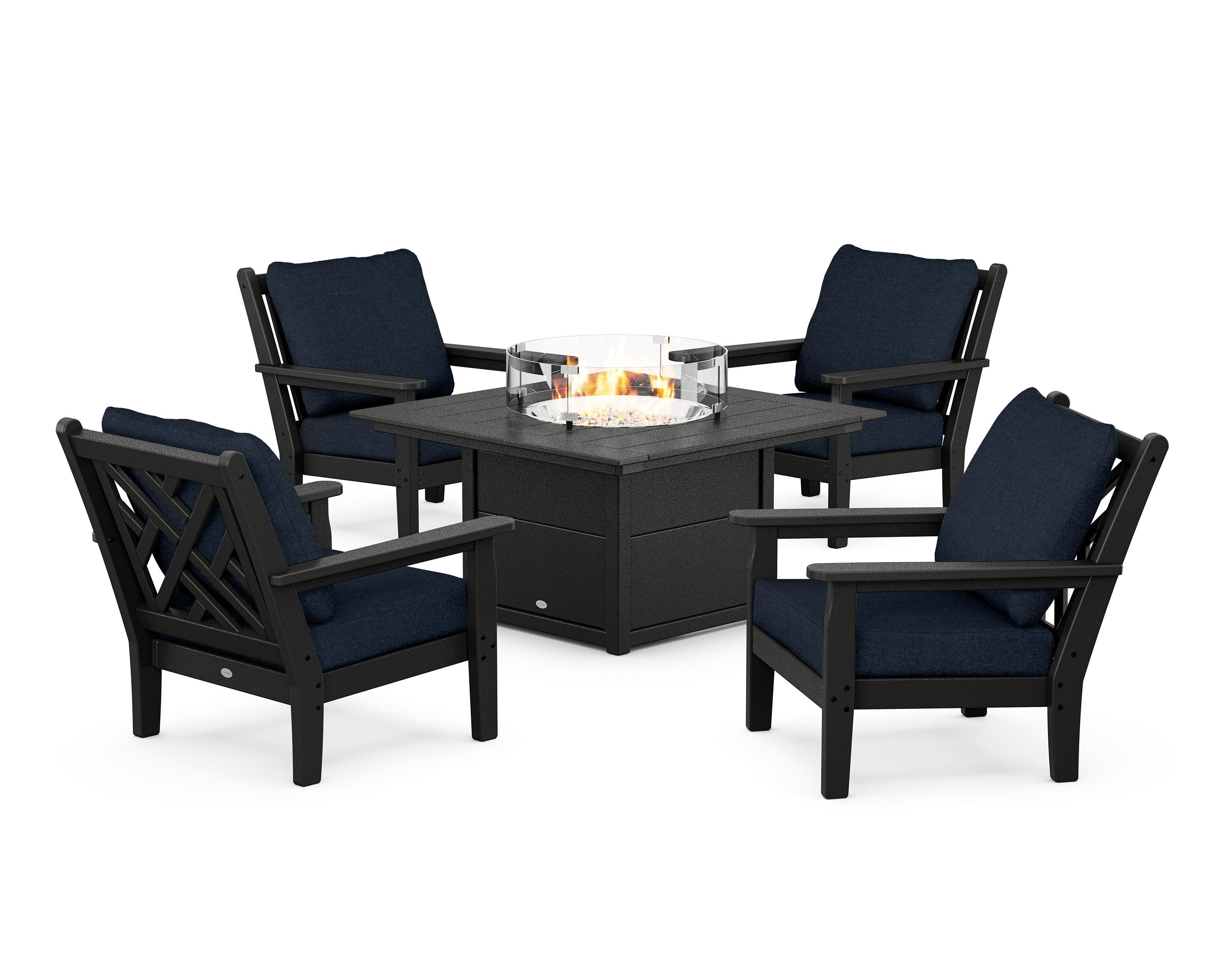 POLYWOOD® Chippendale 5-Piece Deep Seating Set with Fire Pit Table in Black / Marine Indigo