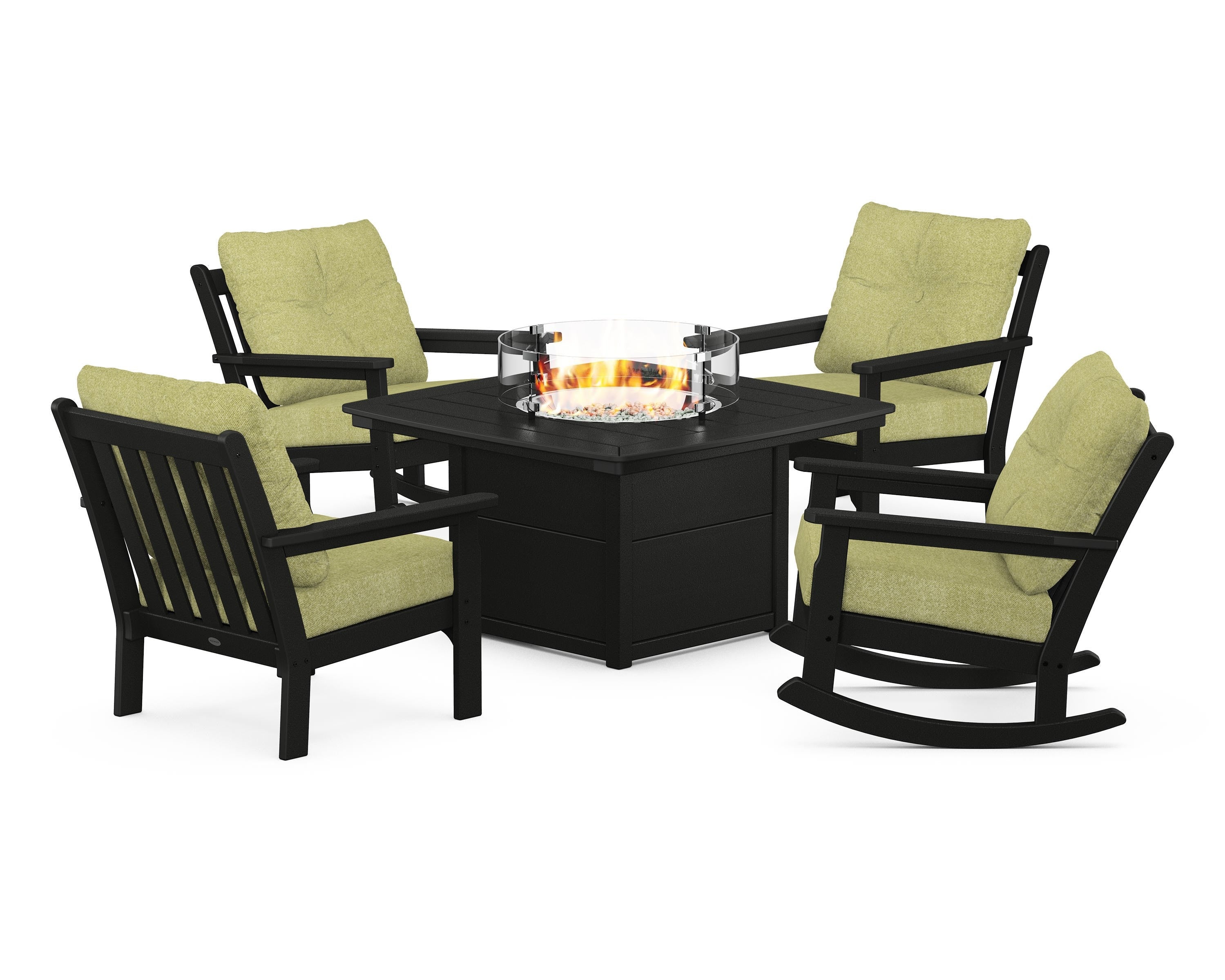 POLYWOOD® Vineyard 5-Piece Deep Seating Rocking Chair Conversation Set with Fire Pit Table in Black / Chartreuse Boucle