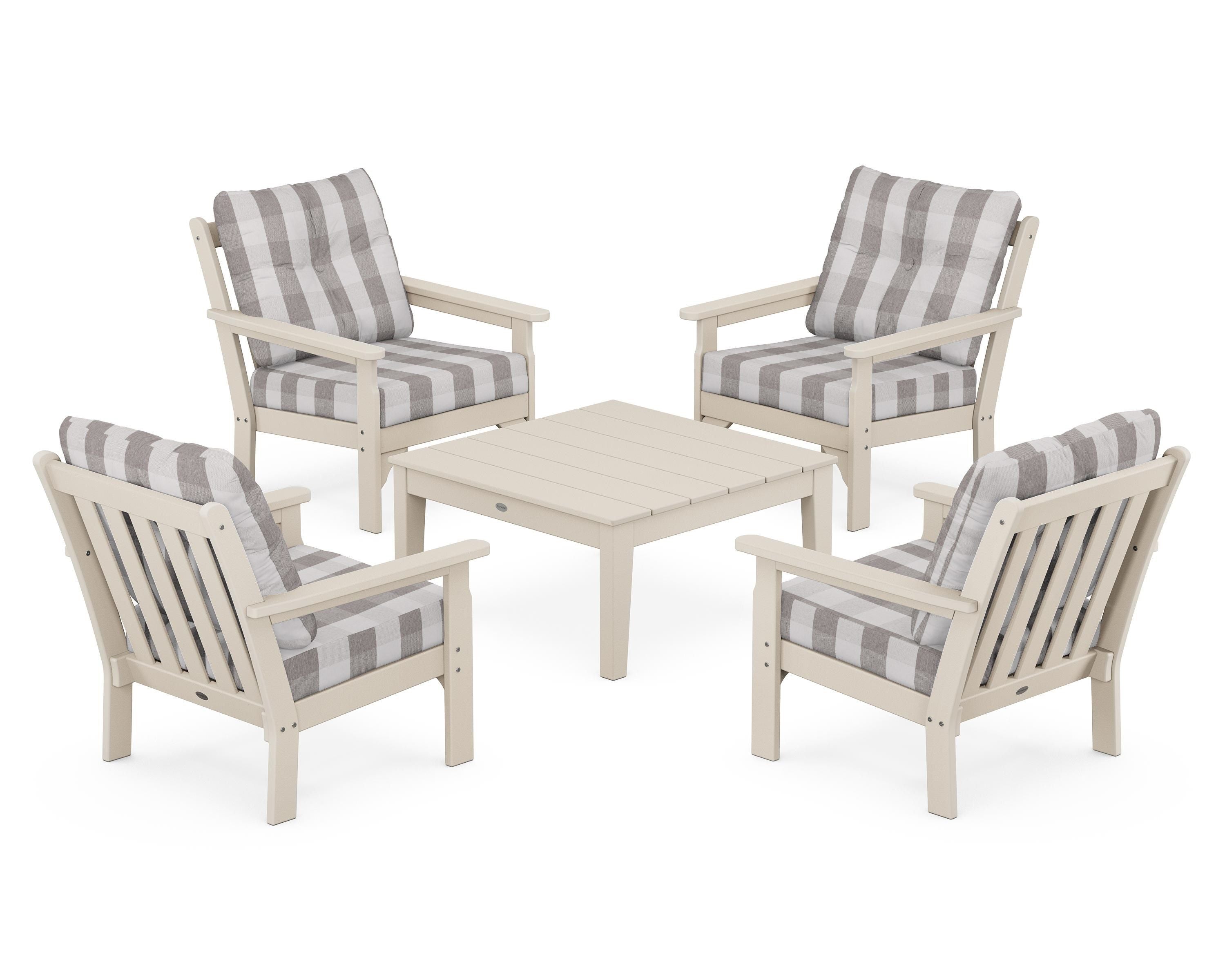POLYWOOD® Vineyard 5-Piece Deep Seating Conversation Set in Sand / Buffalo Plaid Grey Mist