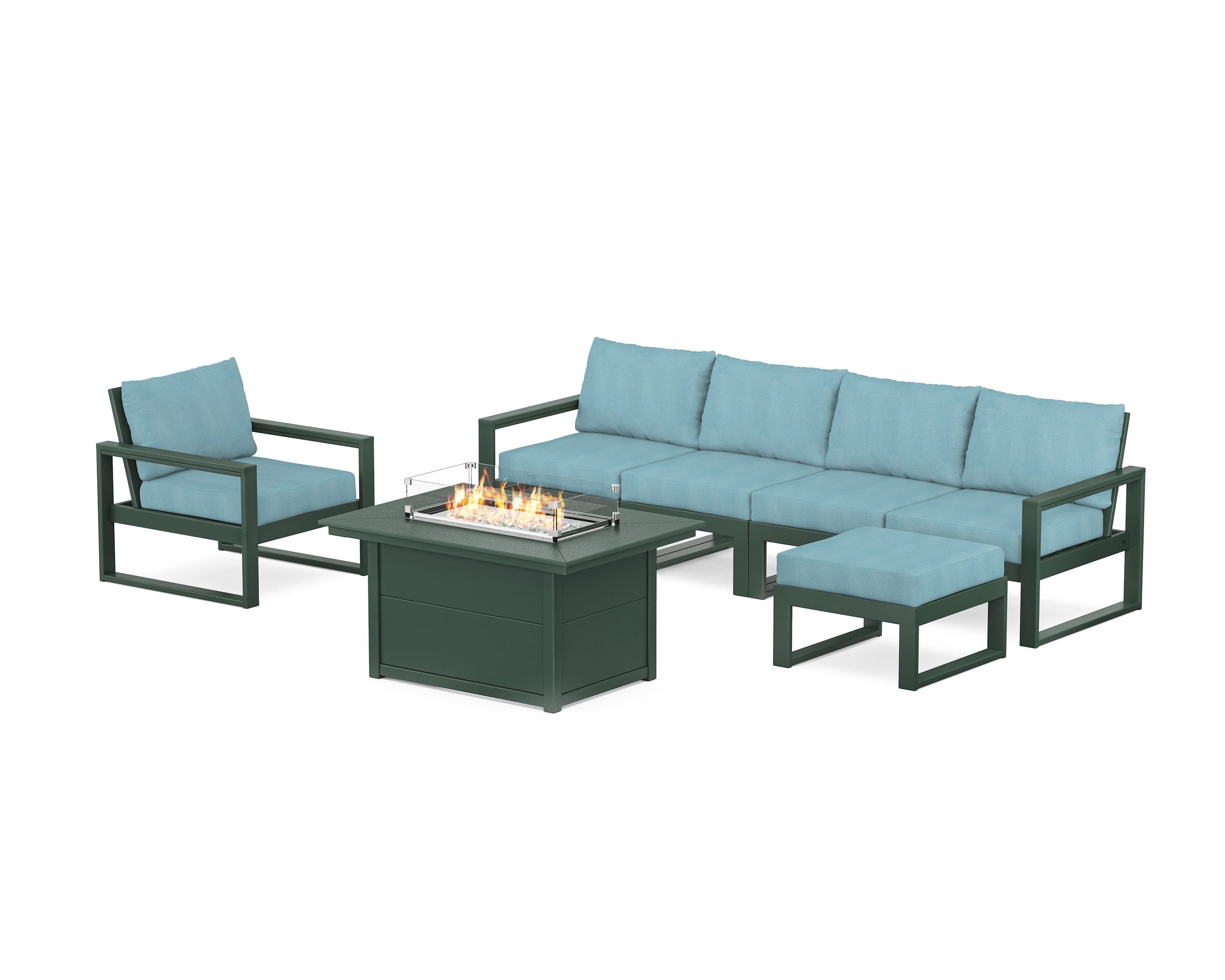 POLYWOOD® EDGE Sectional Lounge and Fire Pit Set in Green / Lattice Sky Blue