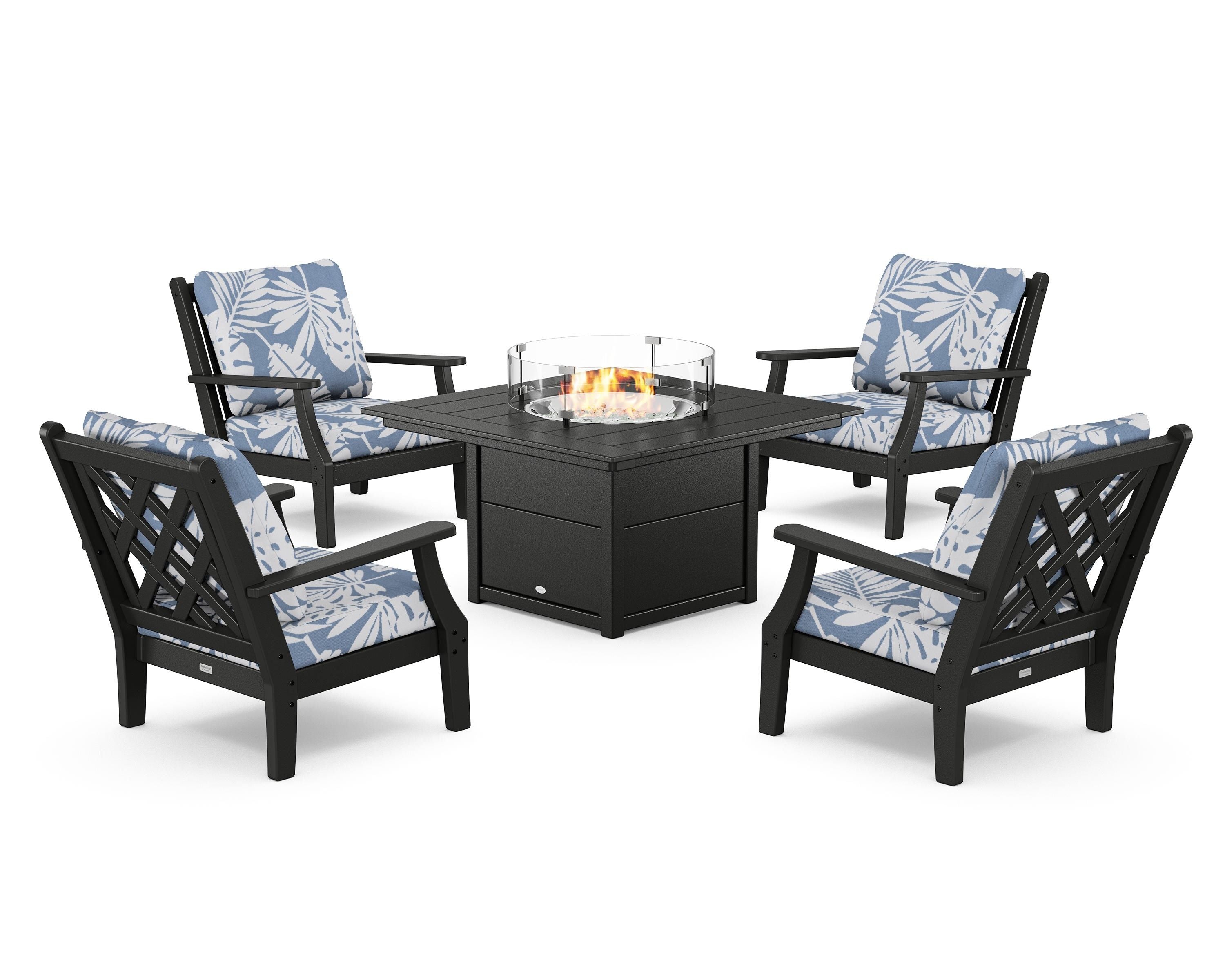 Country Living Wovendale 5-Piece Deep Seating Set with Fire Pit Table in Black / Leaf Sky Blue